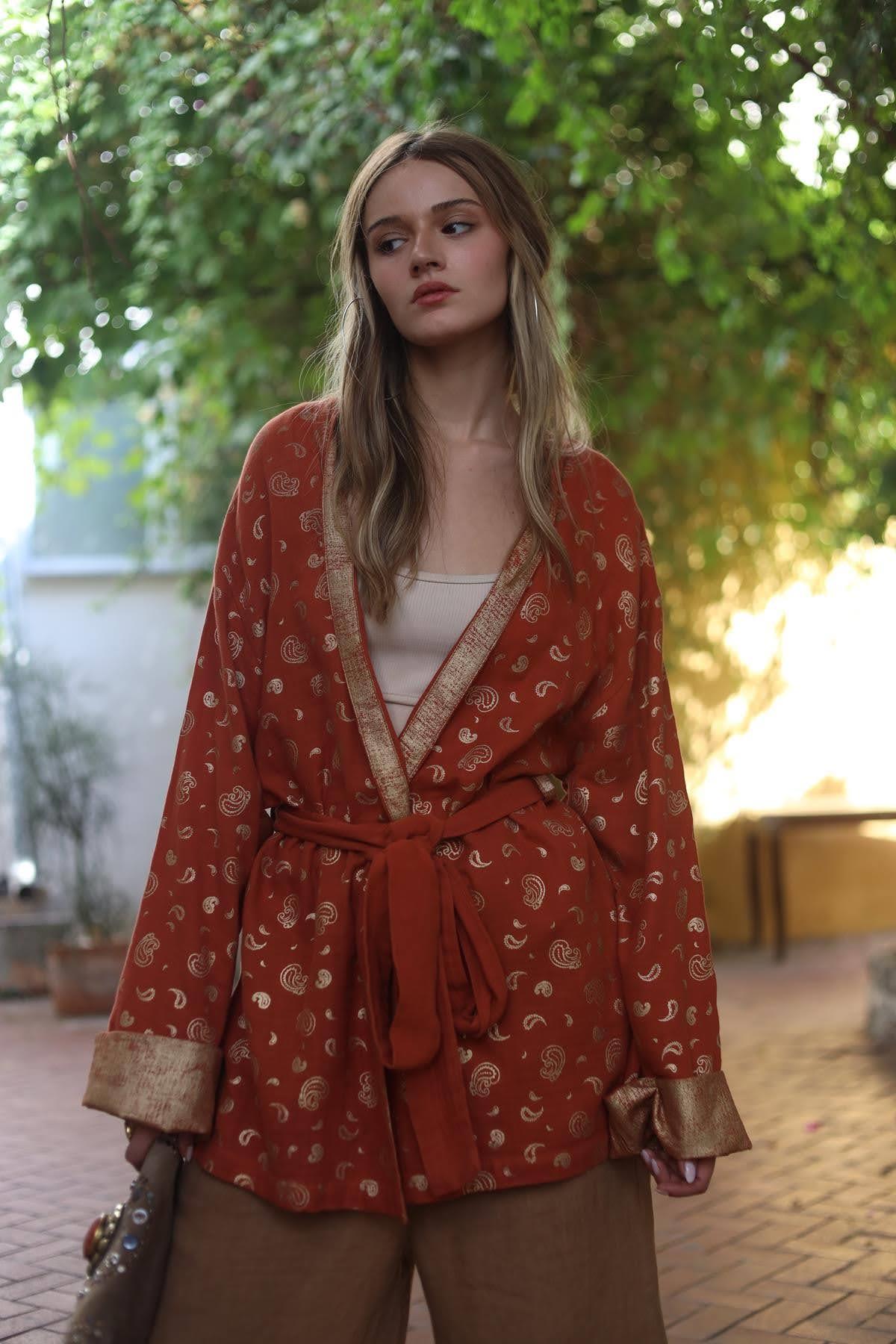 Brick Red Gold Embroidered Bohemian Caftan