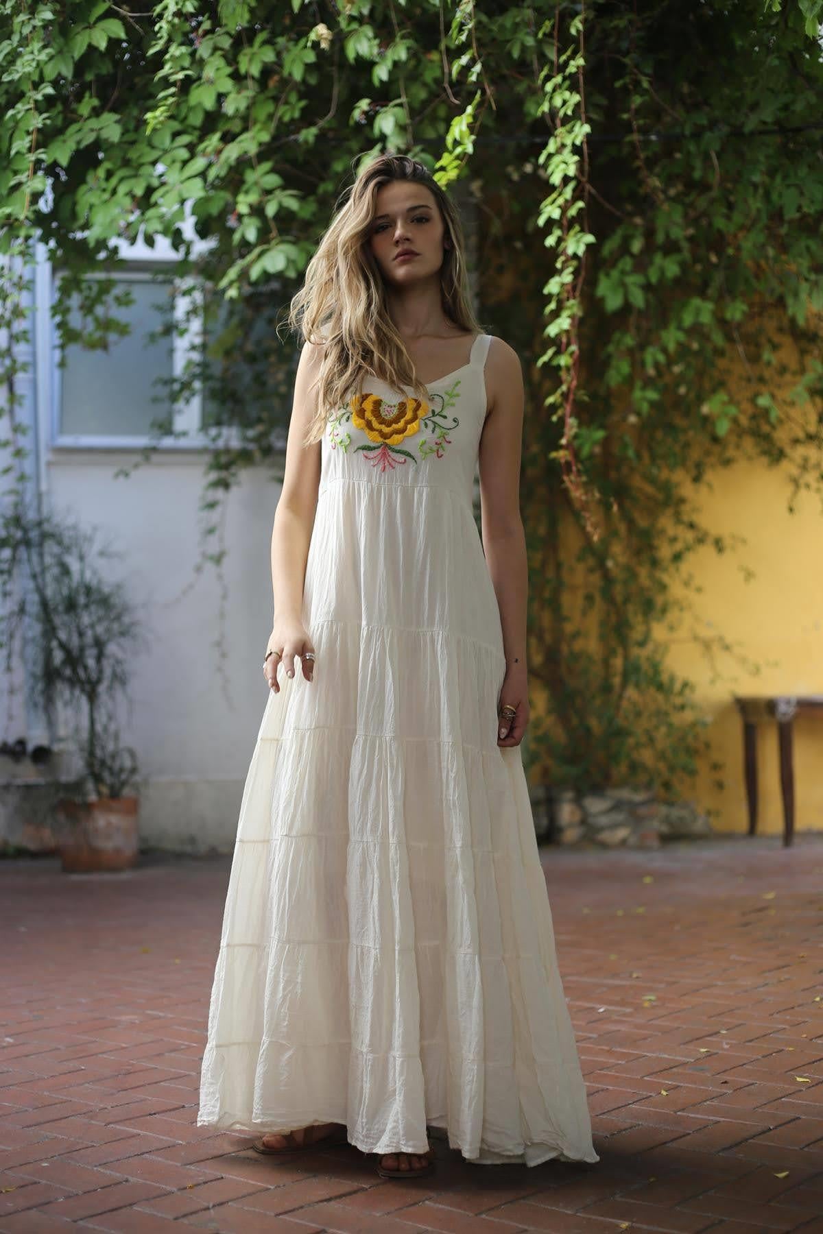 Ecru Embroidered Strappy Bohemian Dress