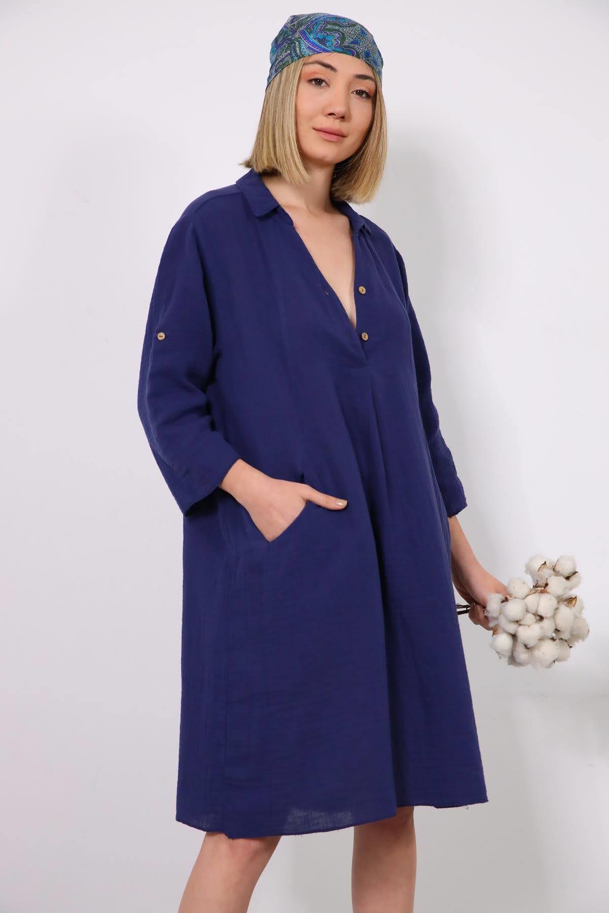 Lacivert Kolları Apoletli Gömlek Yaka Müslin Elbise - Şaman Butik Lacivert Kolları Apoletli Gömlek Yaka Müslin Elbise