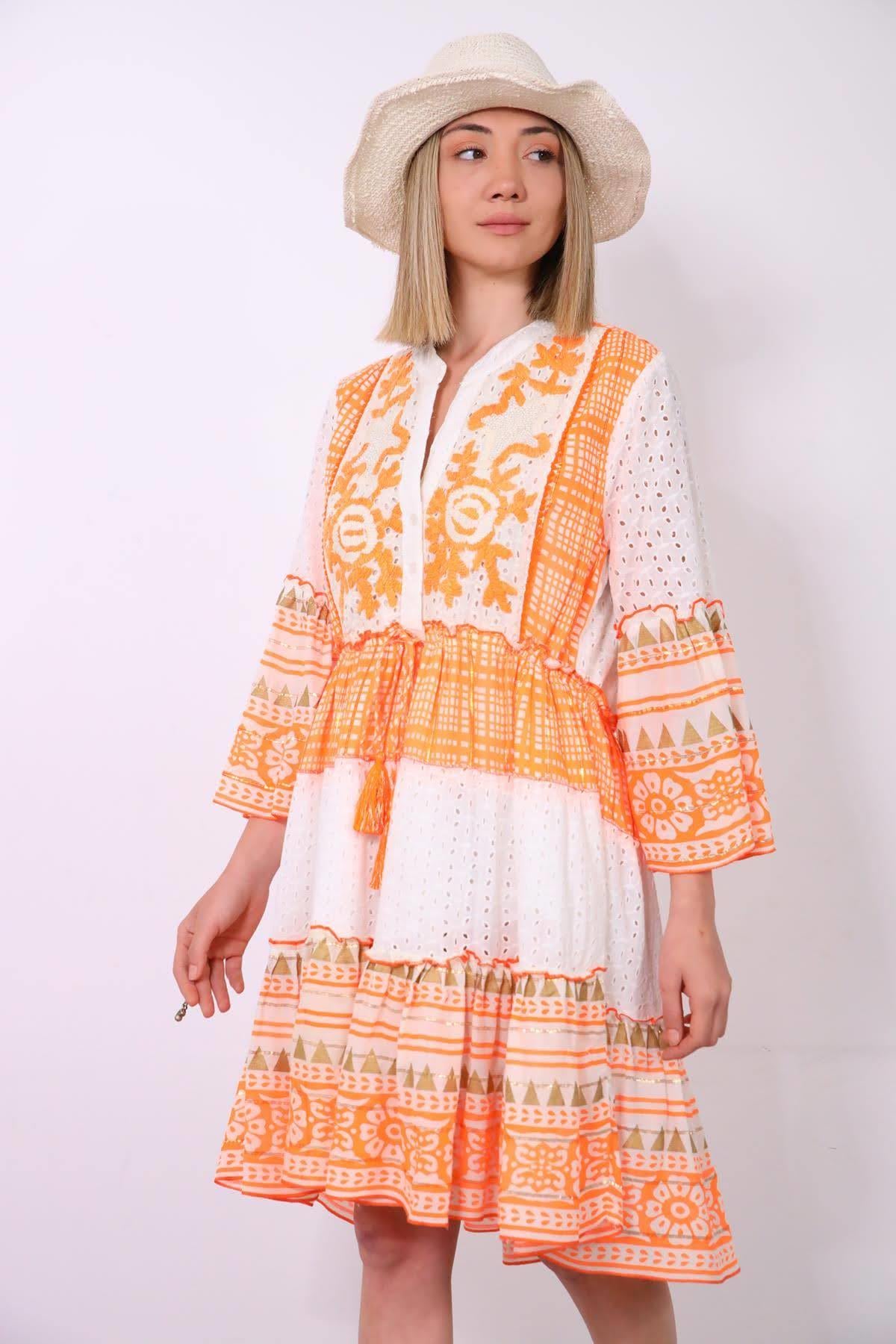 Turuncu Boncuk İşlemeli Desenli Beli Büzgülü Fisto Elbise - Şaman Btik Turuncu Boncuk İşlemeli Desenli Beli Büzgülü Fisto Elbise