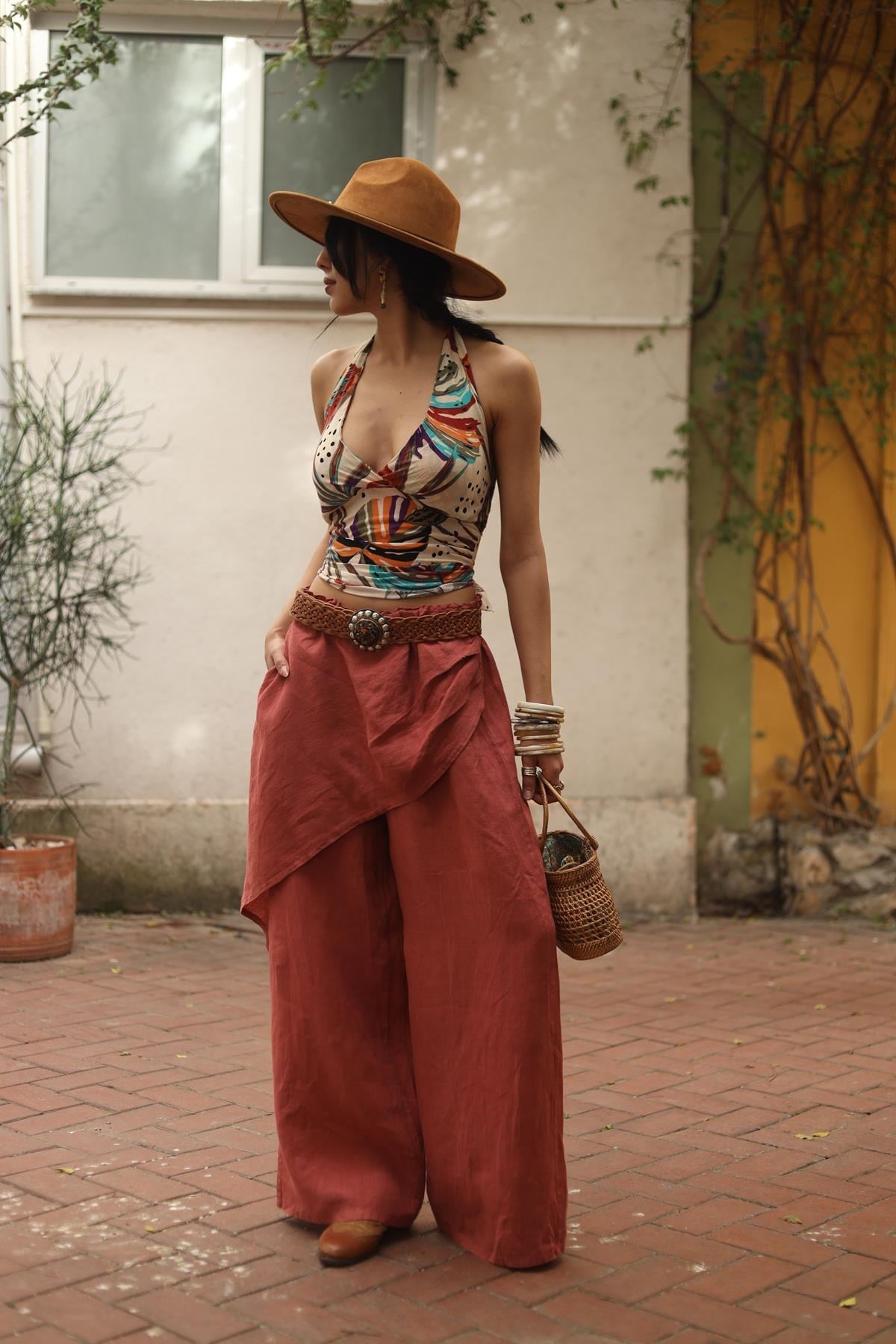 Gül Kurusu Önü Kapaklı Keten Pantolon