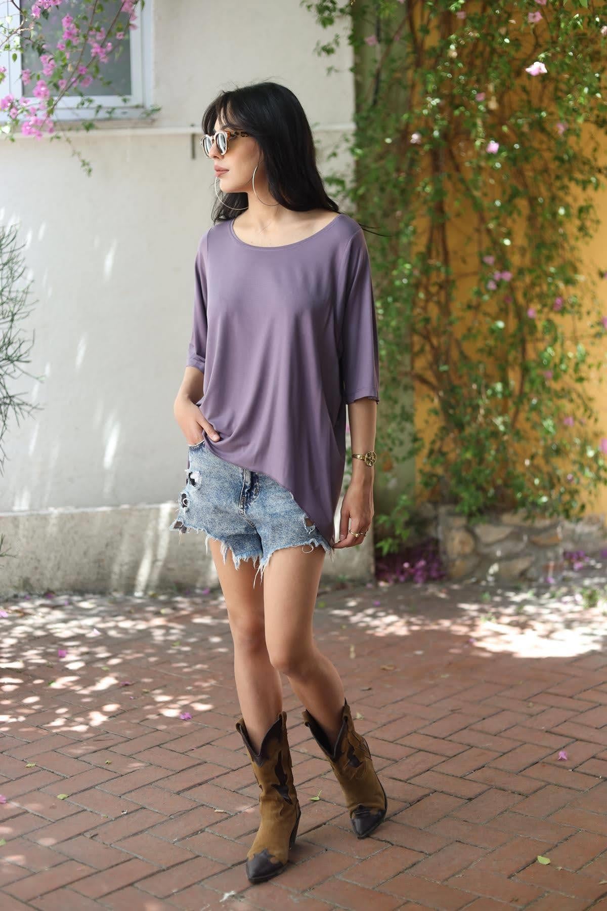 Mor Yanları Uzun Bluz