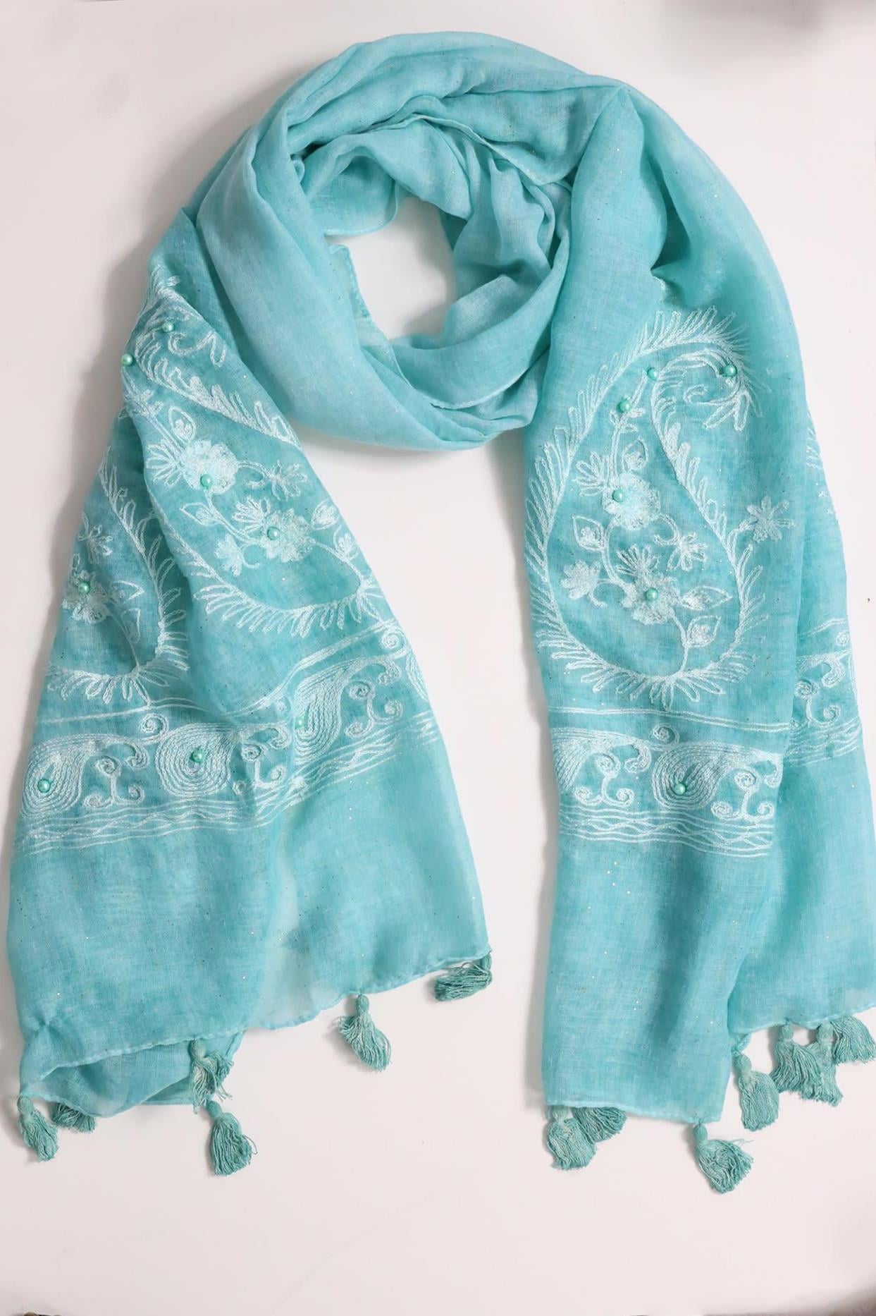  Turkuaz Simli İnci İşlemeli Şal