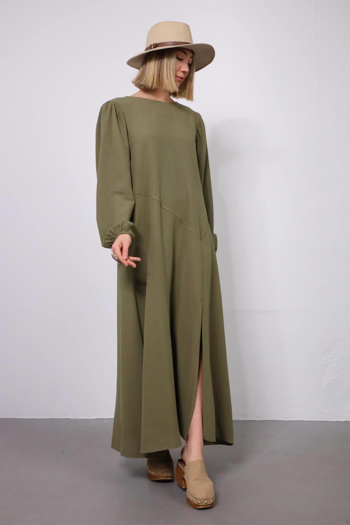 Haki Kolu Lastikli Önü Yırtmaçlı Elbise - Şaman Butik - Bohem Giyim ve Aksesuar | Kadın & Erkek Haki Kolu Lastikli Önü Yırtmaçlı Elbise