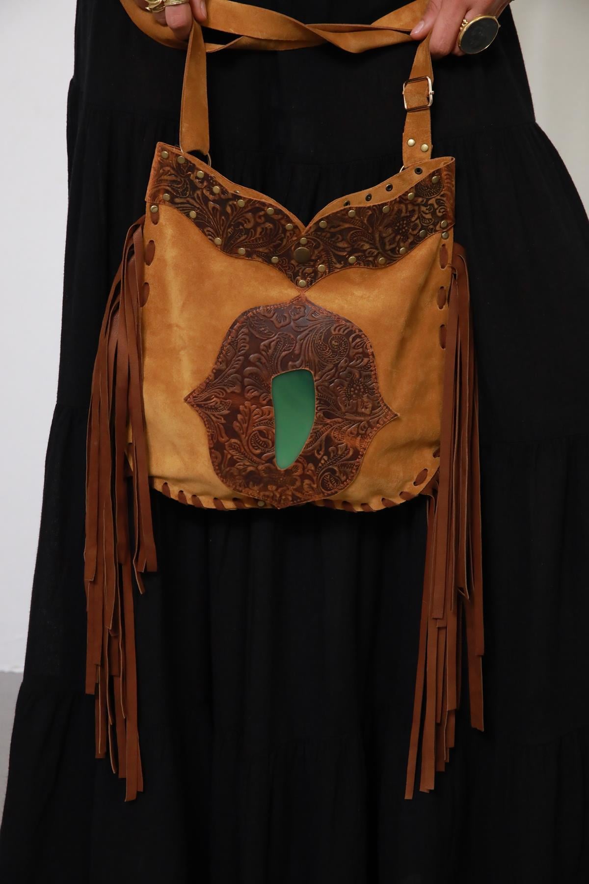 Mustard Color Embossed Leather Detailed Suede Bag