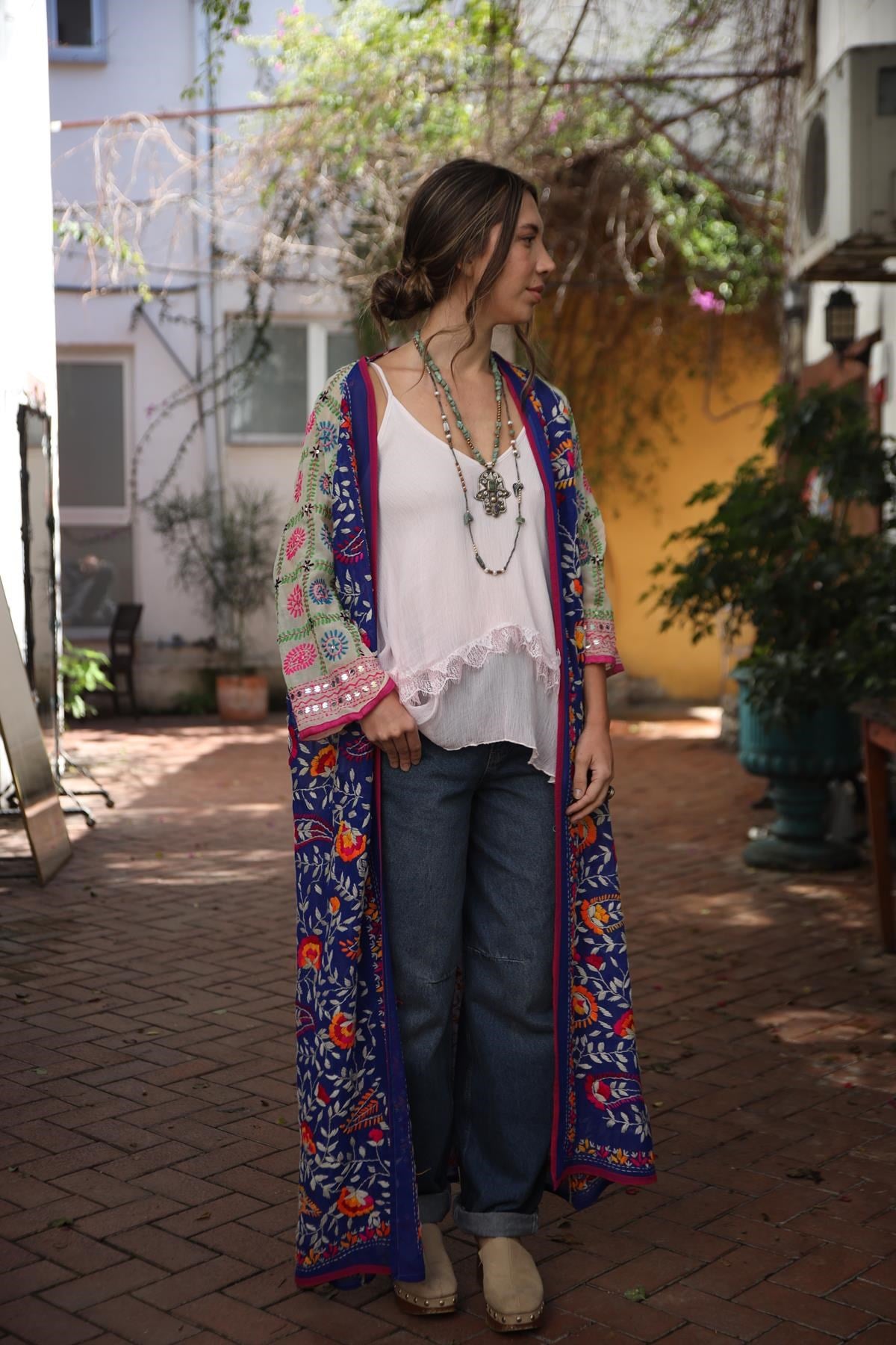 Saks Mavisi İşlemeli Bohem Kaftan