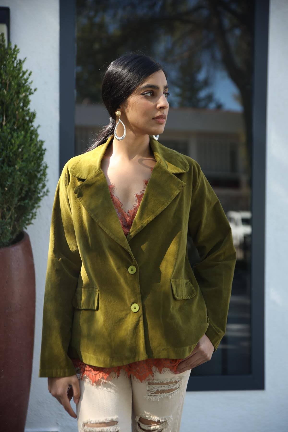 Fıstık Yeşili Kadife Blazer Ceket