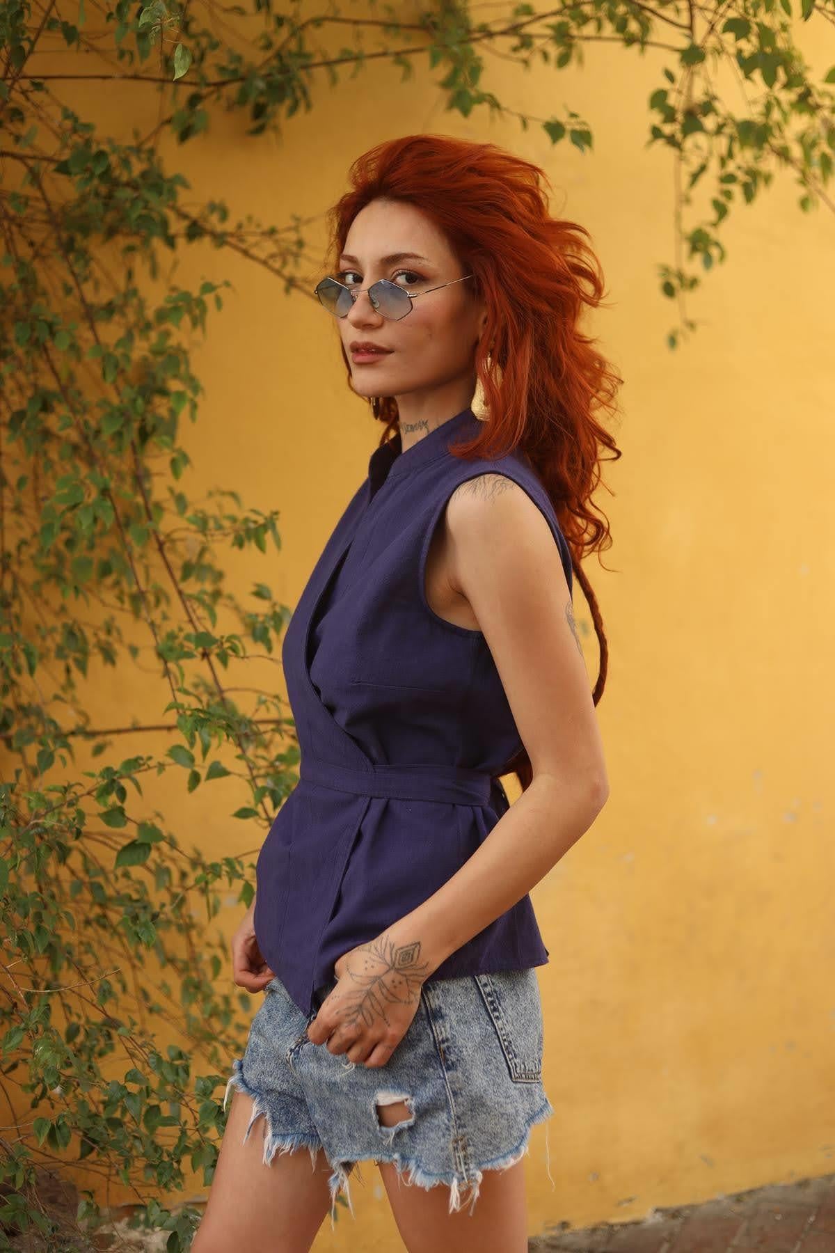 Navy Blue Tie Detail Double Breasted Vest