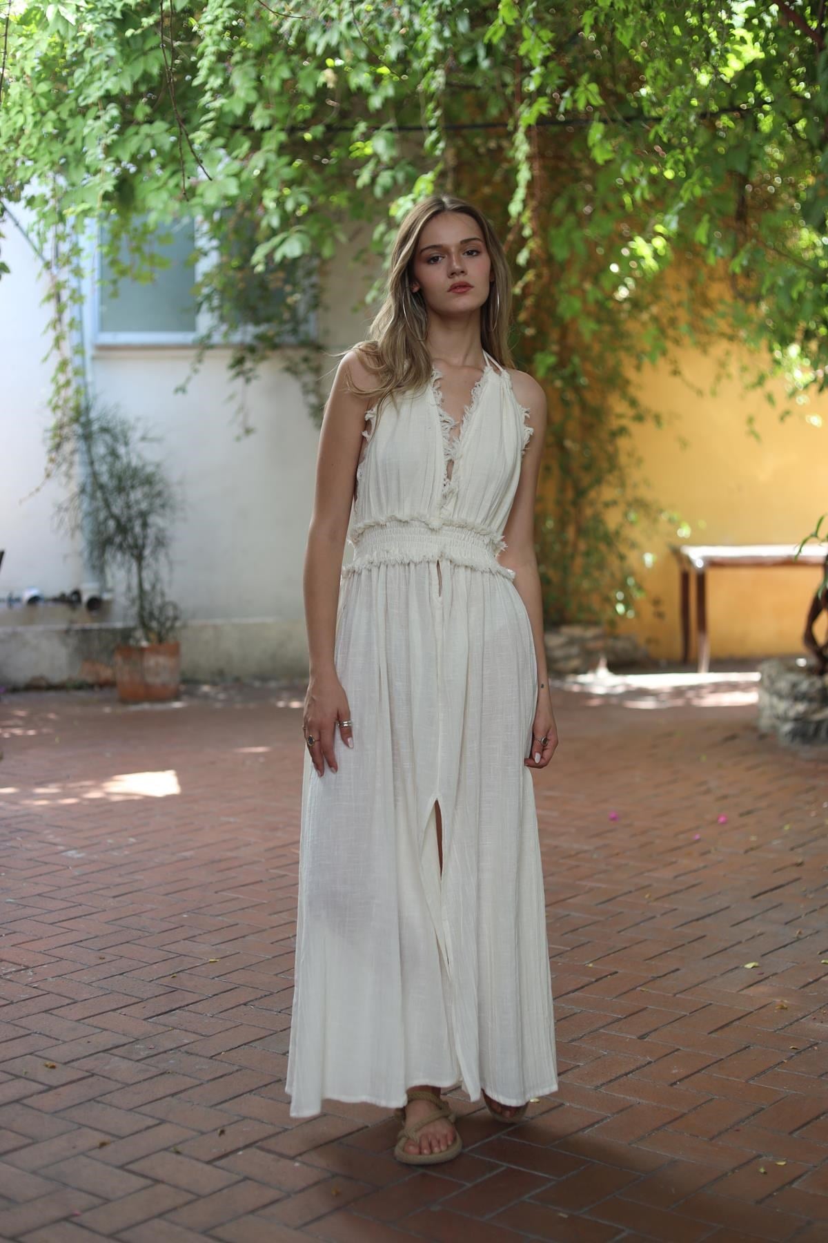 Cream Color Strappy Low Cut Dress