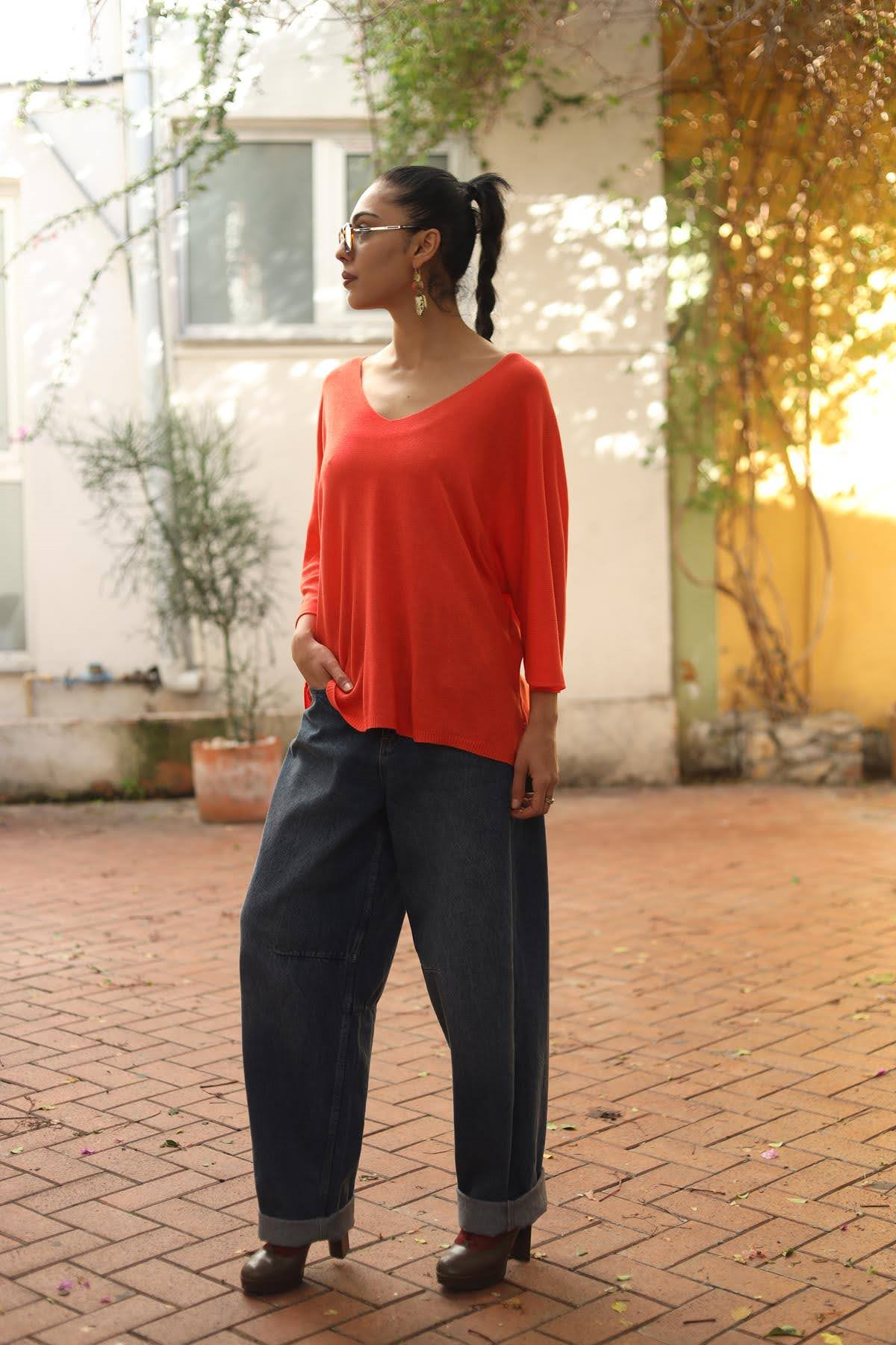 Coral Color V Neck Modal Blouse
