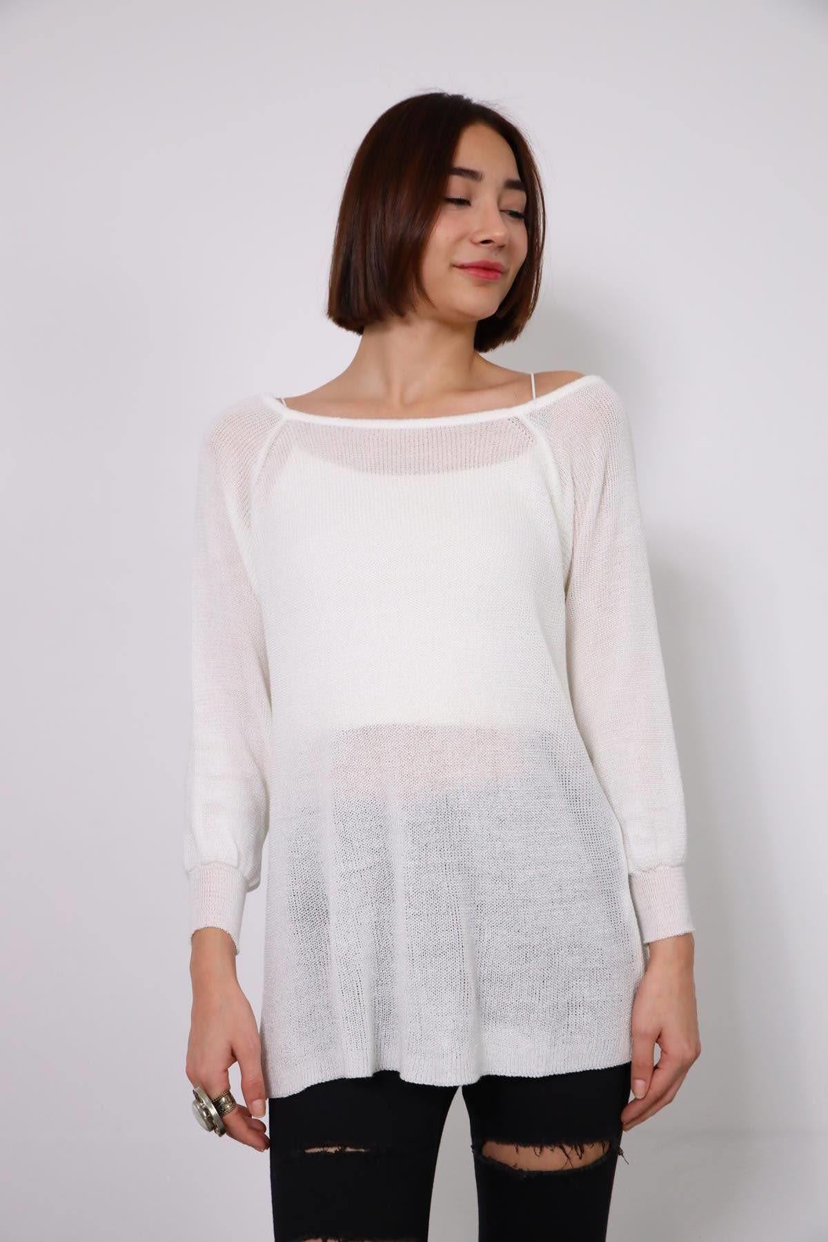 Beyaz Ribanalı Kayık Yaka Merserize Bluz - Şaman Butik Beyaz Ribanalı Kayık Yaka Merserize Bluz