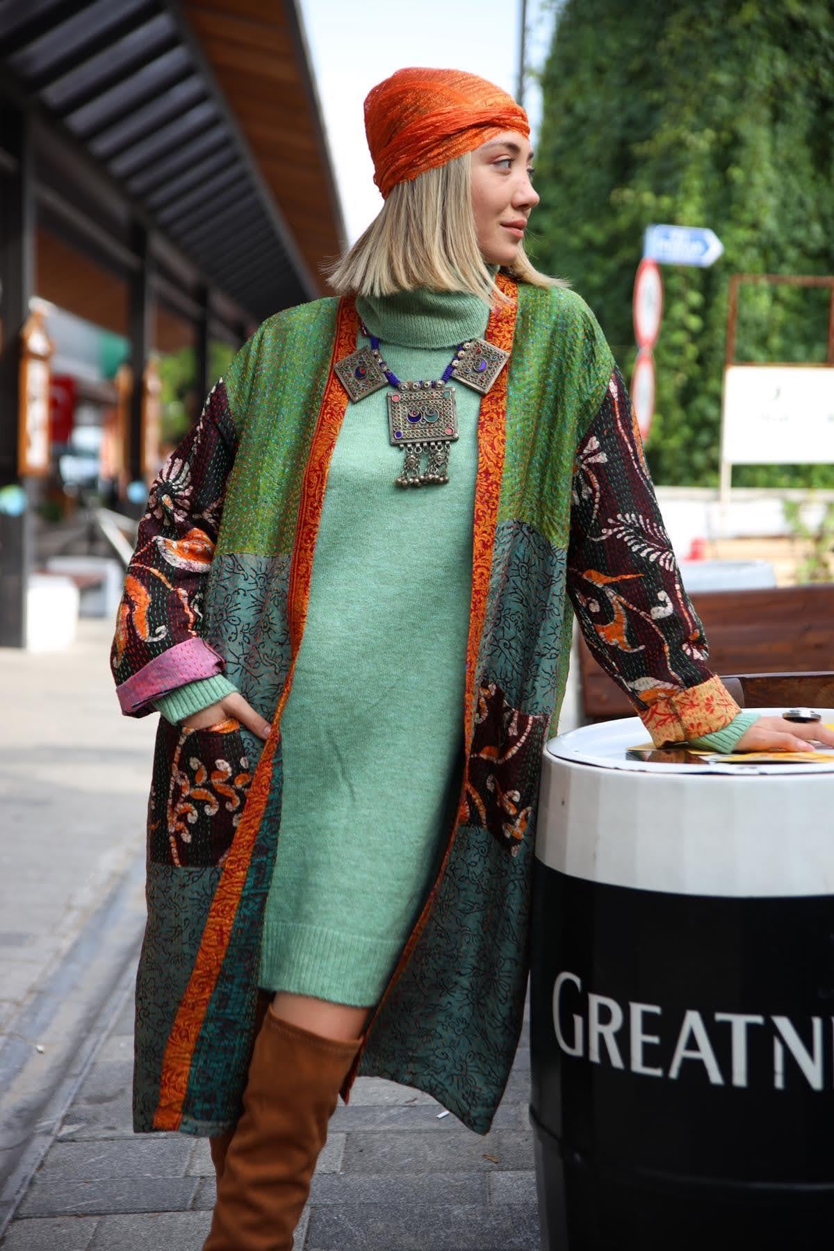 Yeşil Tasarım İpek Kaftan - Şaman Butik Yeşil Tasarım İpek Kaftan