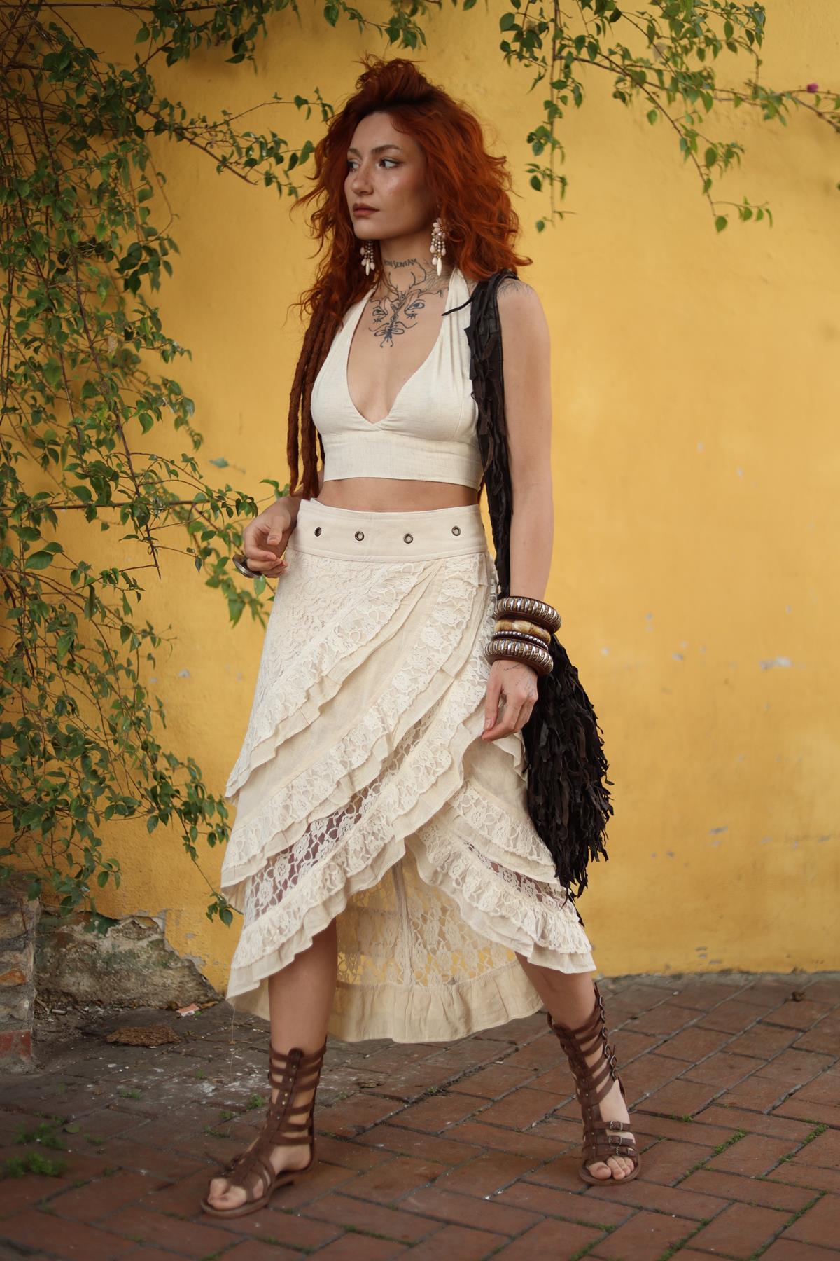 Cream Color Wrap Layered Lace Skirt