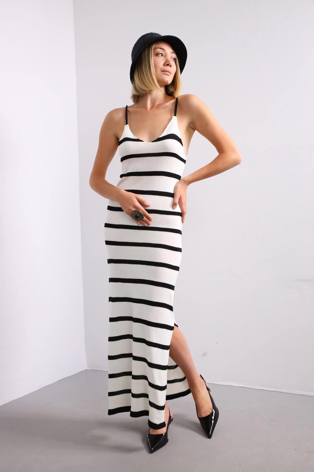 Ekru Çizgili İnce Askılı Triko Elbise - Şaman Butik Ekru Çizgili İnce Askılı Triko Elbise