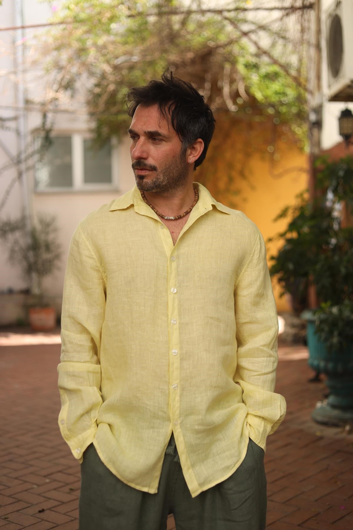 Butter Yellow Keten Klasik Erkek Gömlek