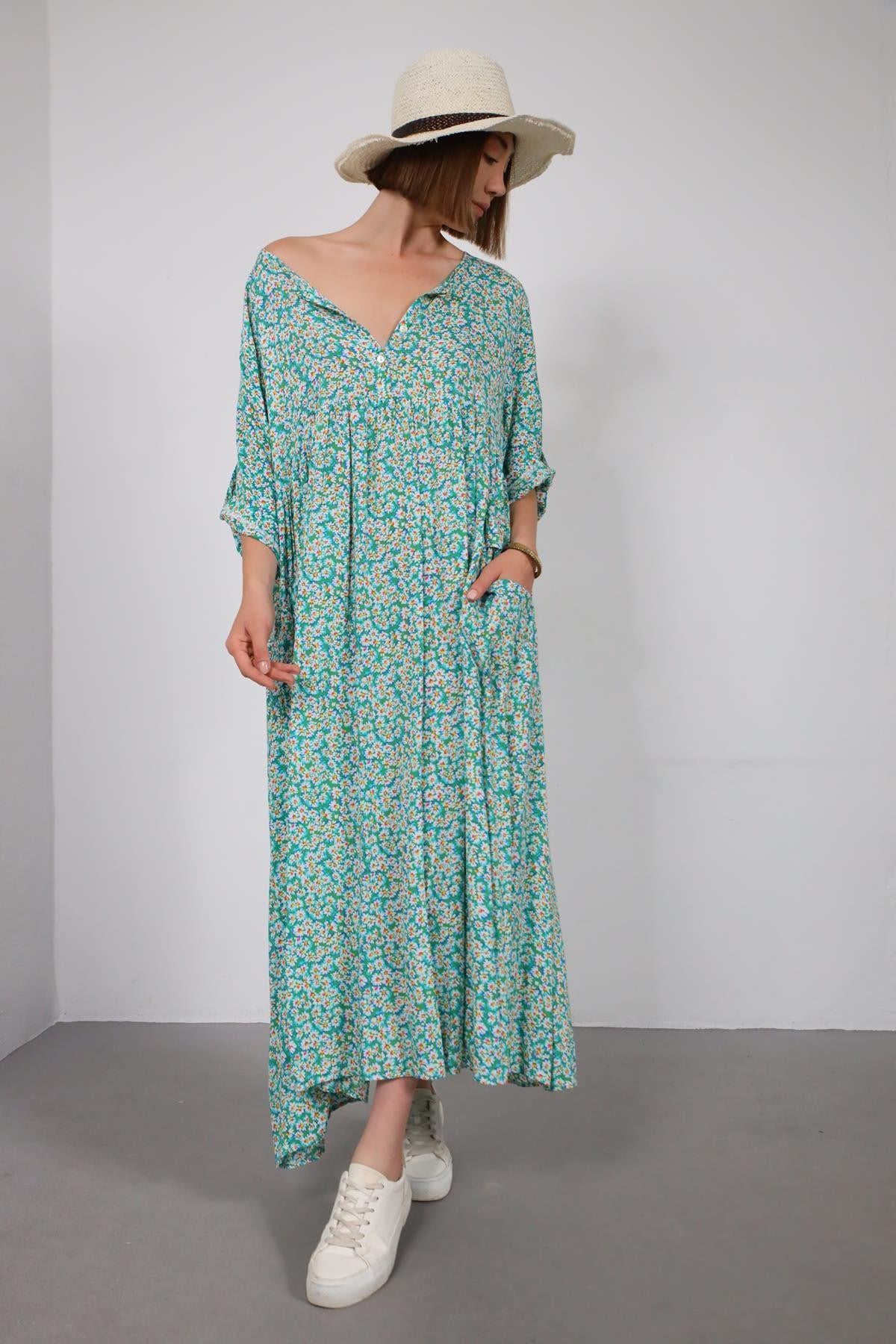  Yeşil Çiçekli Önü Düğmeli Elbise