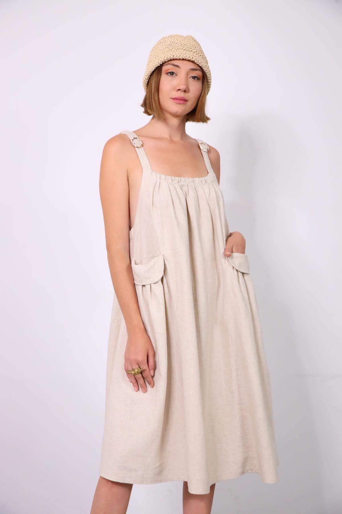 Taş Rengi Torba Cepli Keten Salopet Elbise - Şaman Butik Taş Rengi Torba Cepli Keten Salopet Elbise