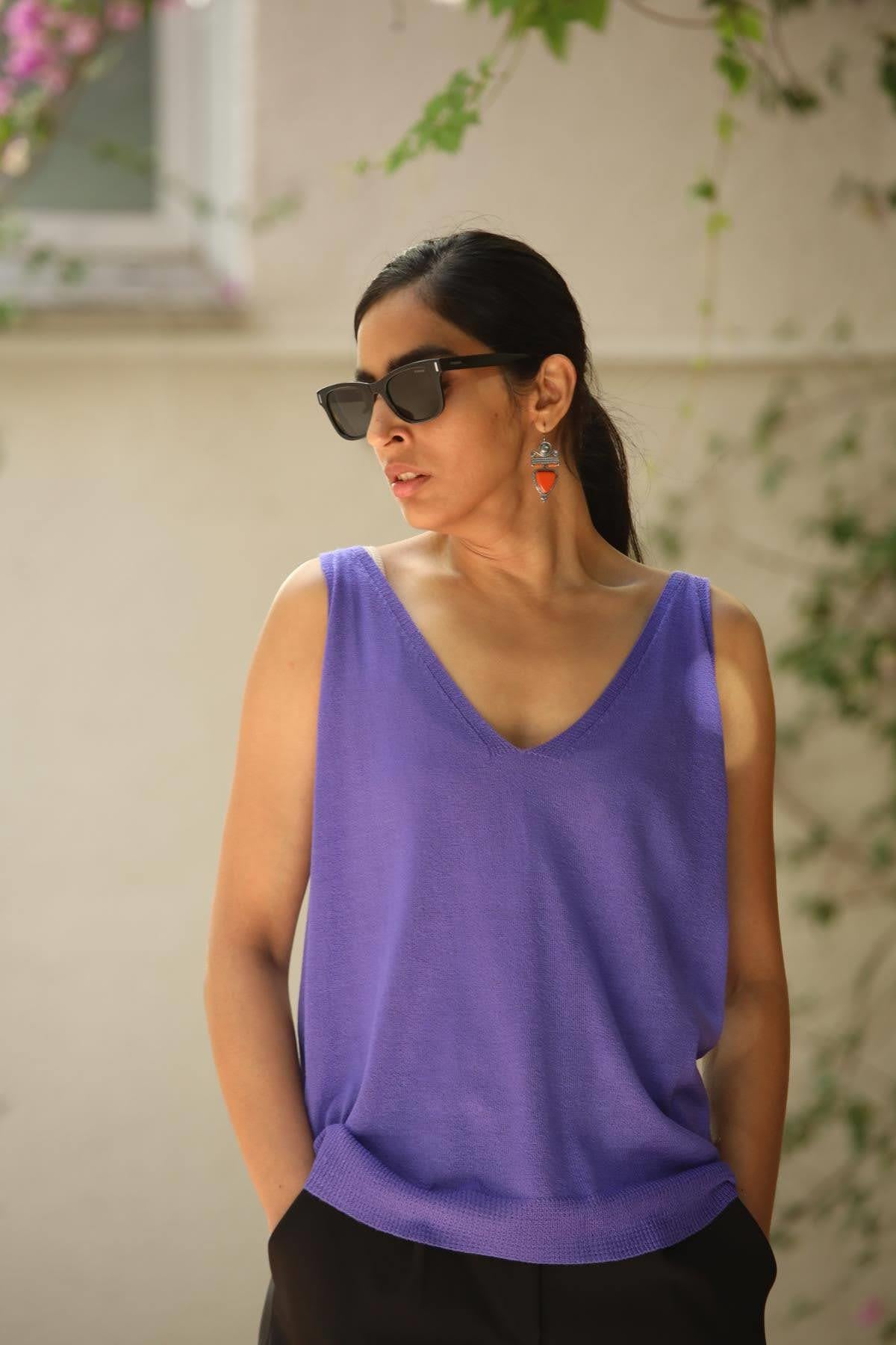 Mor Önü Arkası V Yaka Askılı Merserize Bluz
