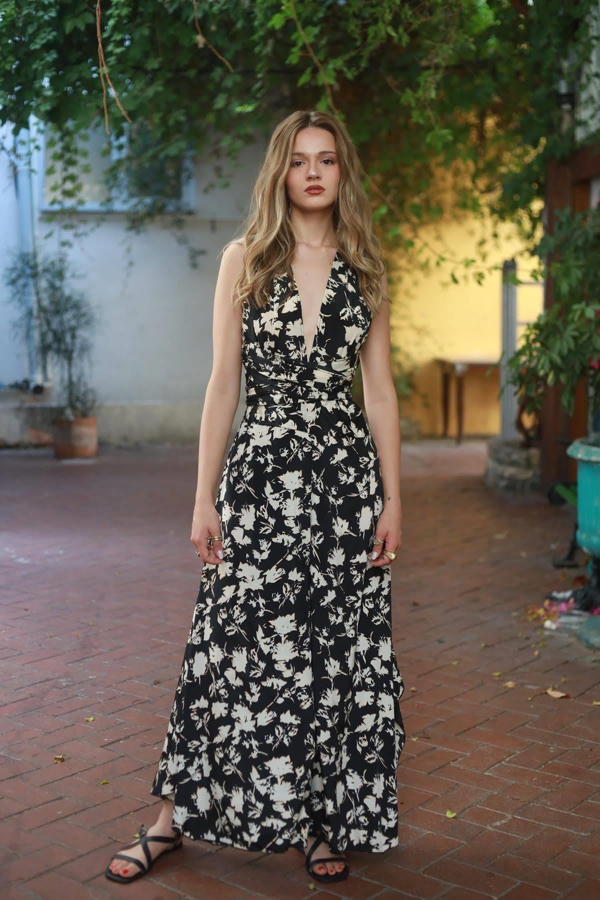 Black Patterned Silk Jumpsuit