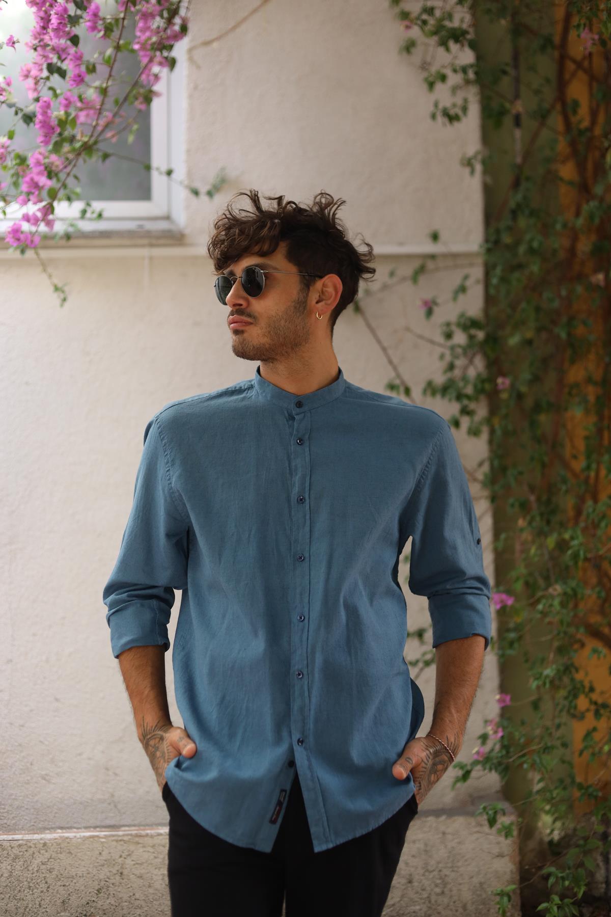 Petrol Blue Long Sleeve Men's Linen Shirt