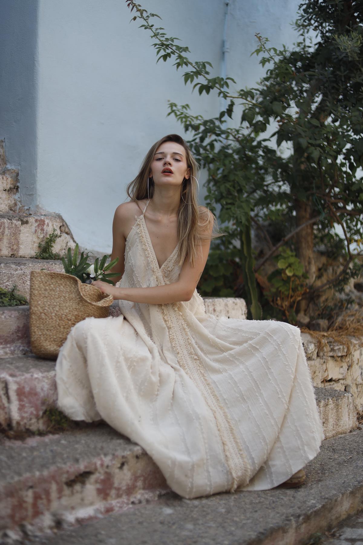 Ecru Fringed Authentic Patterned Dress