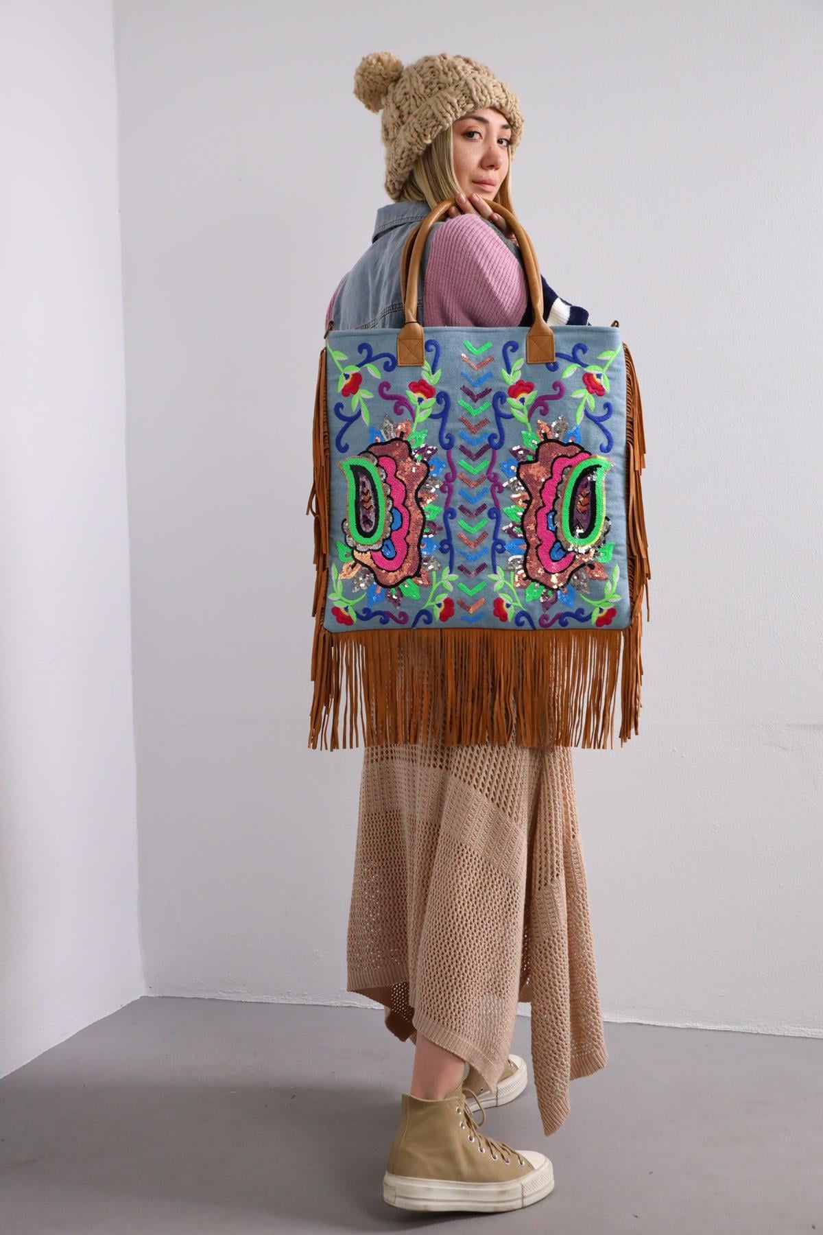  Jean İşlemeli Püsküllü Battal Boy Çanta