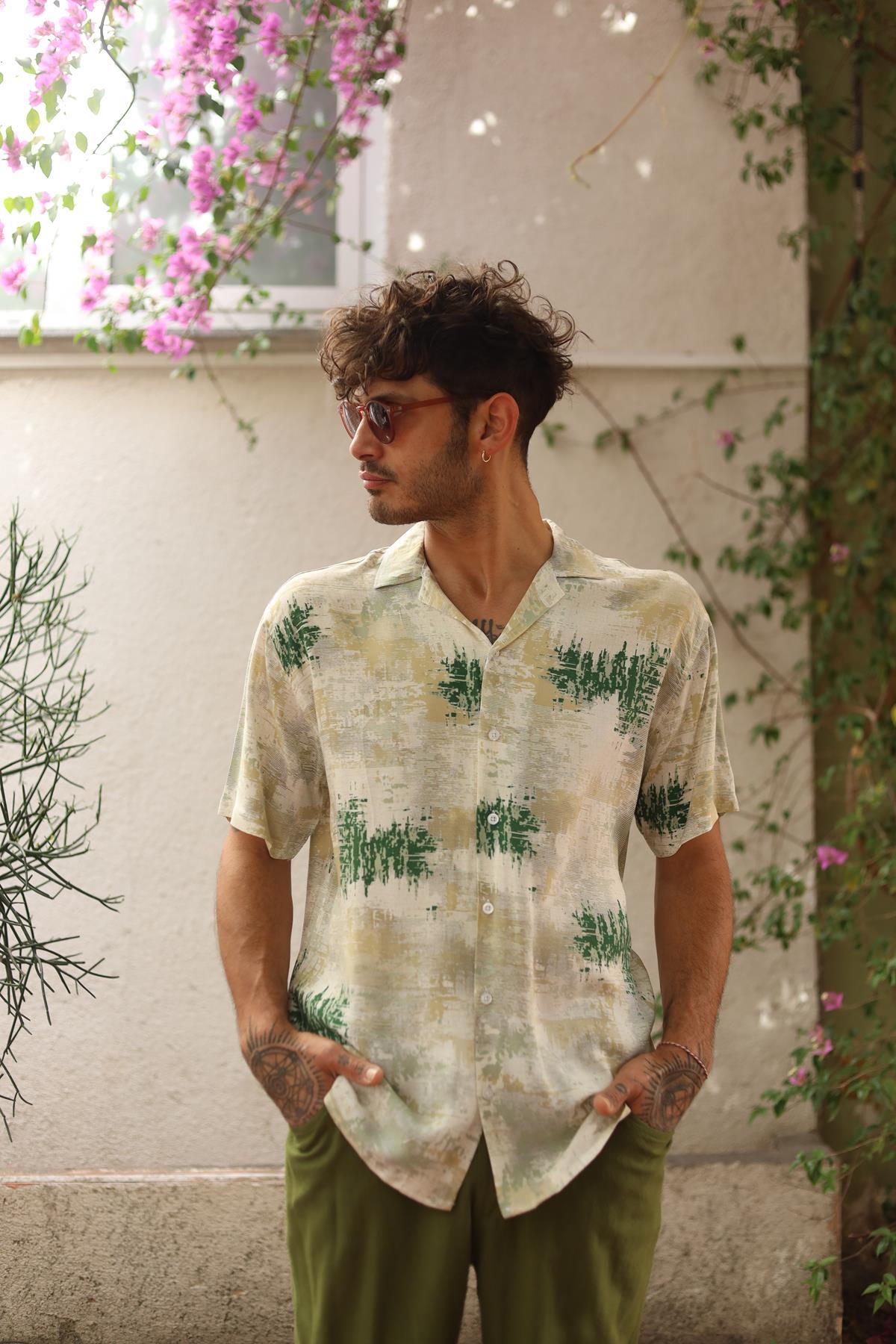 Green Patterned Short Sleeve Men's Shirt