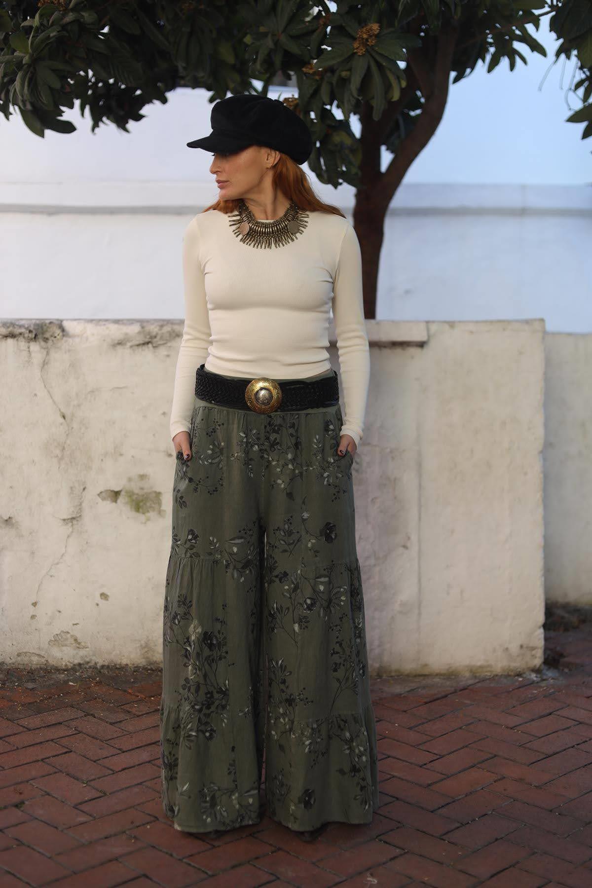 Haki Desenli Dikiş Detaylı Keten Pantolon