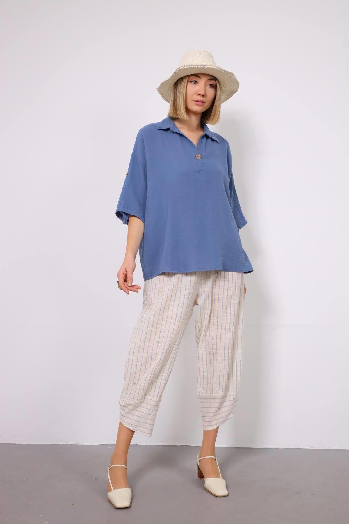  İndigo Mavi Müslin Tek Düğmeli Gömlek