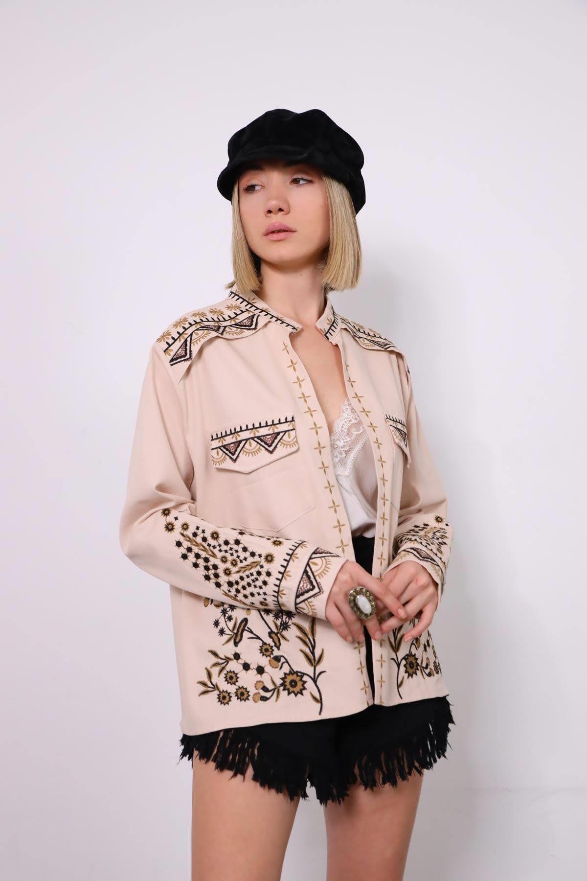 Cream Ethnic Embroidered Jacket - Saman Butik | Shop Online Cream Ethnic Embroidered Jacket