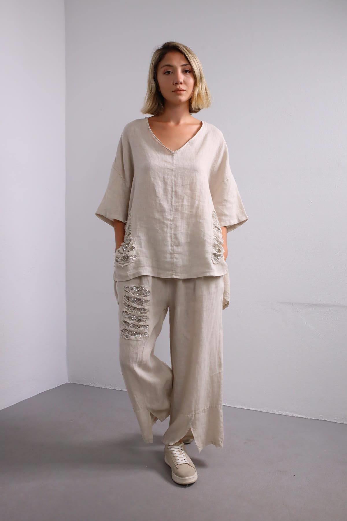  Krem Rengi Pullu V Yaka Keten Takım