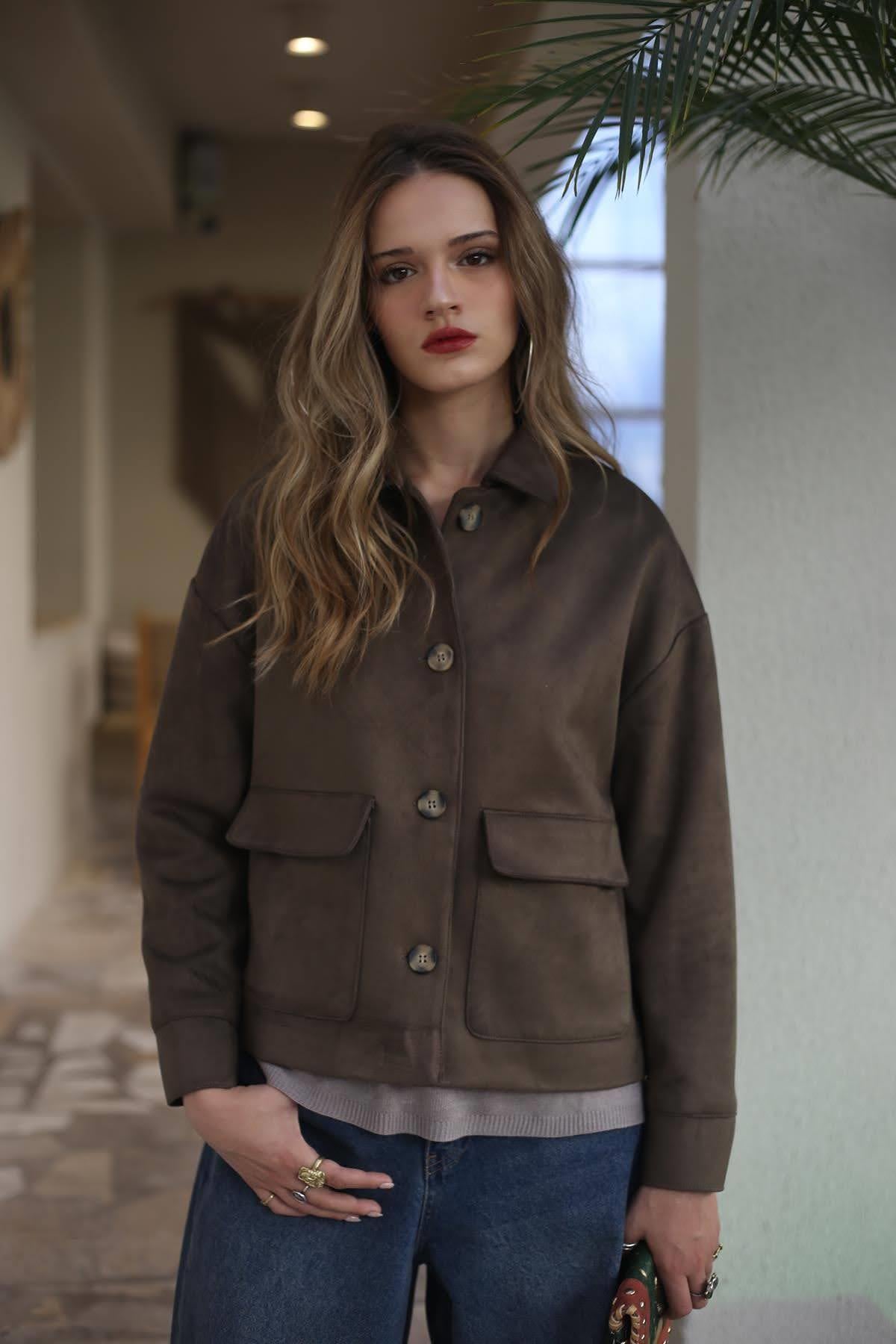 Haki Kısa Süet Ceket