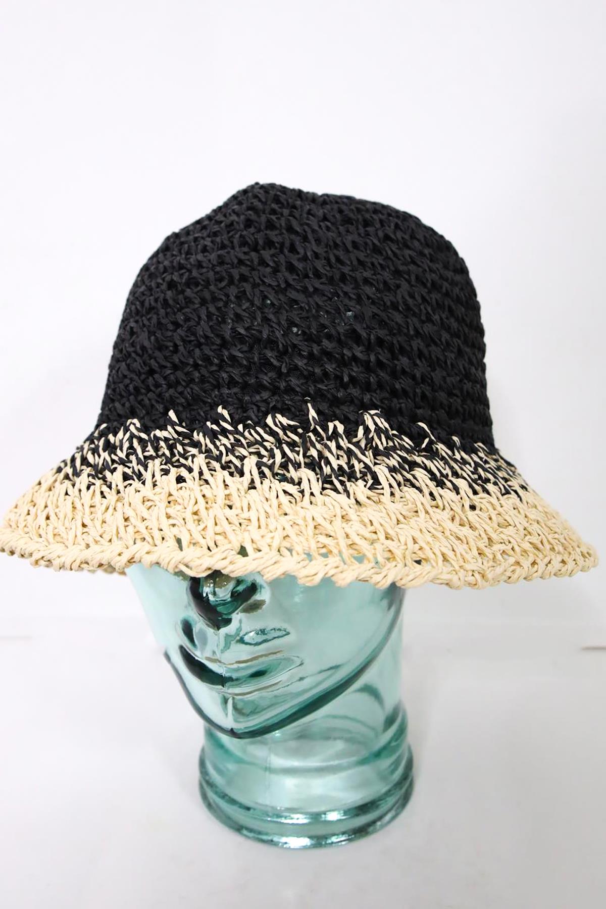  Siyah Ekru Geçişli El Örgüsü Hasır Şapka