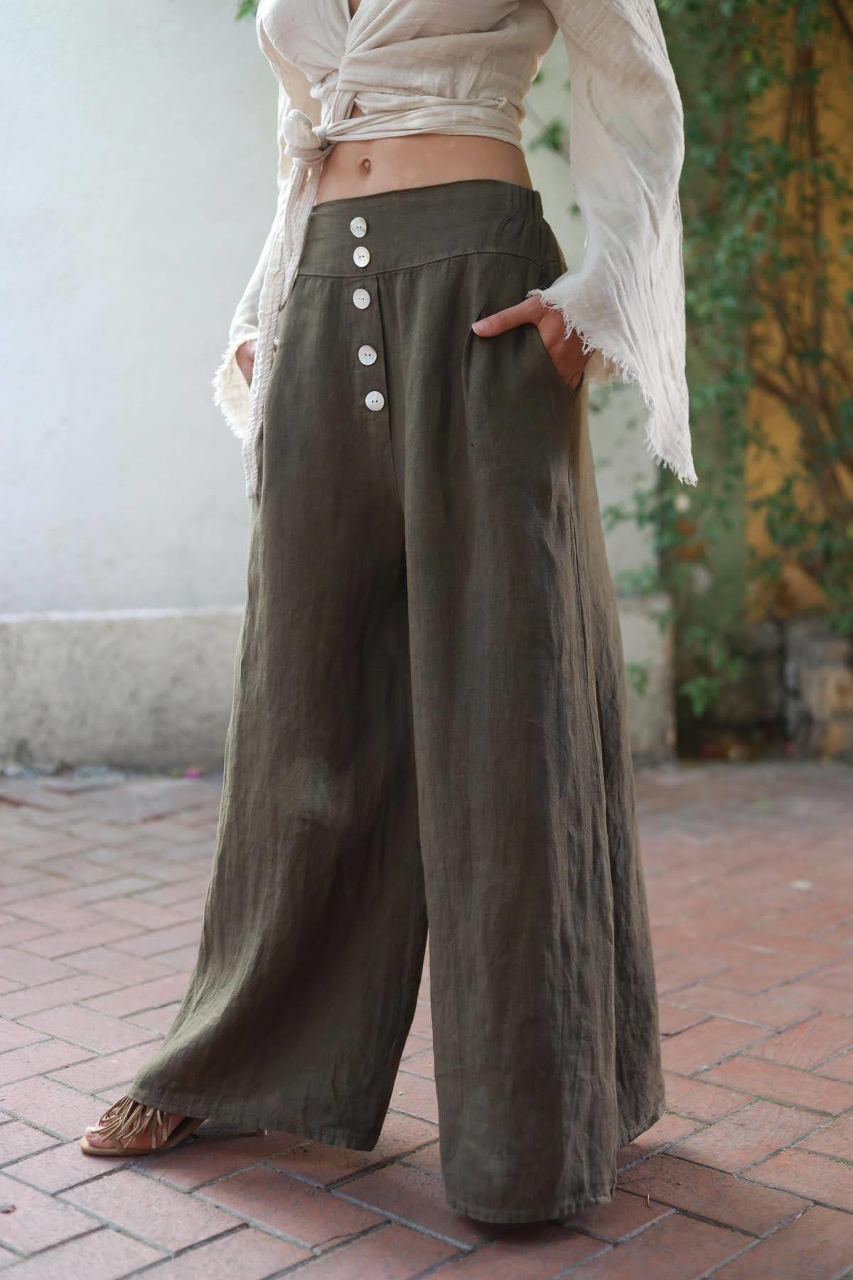 Haki Beli Lastikli Sahte Düğmeli Salaş Keten Pantolon