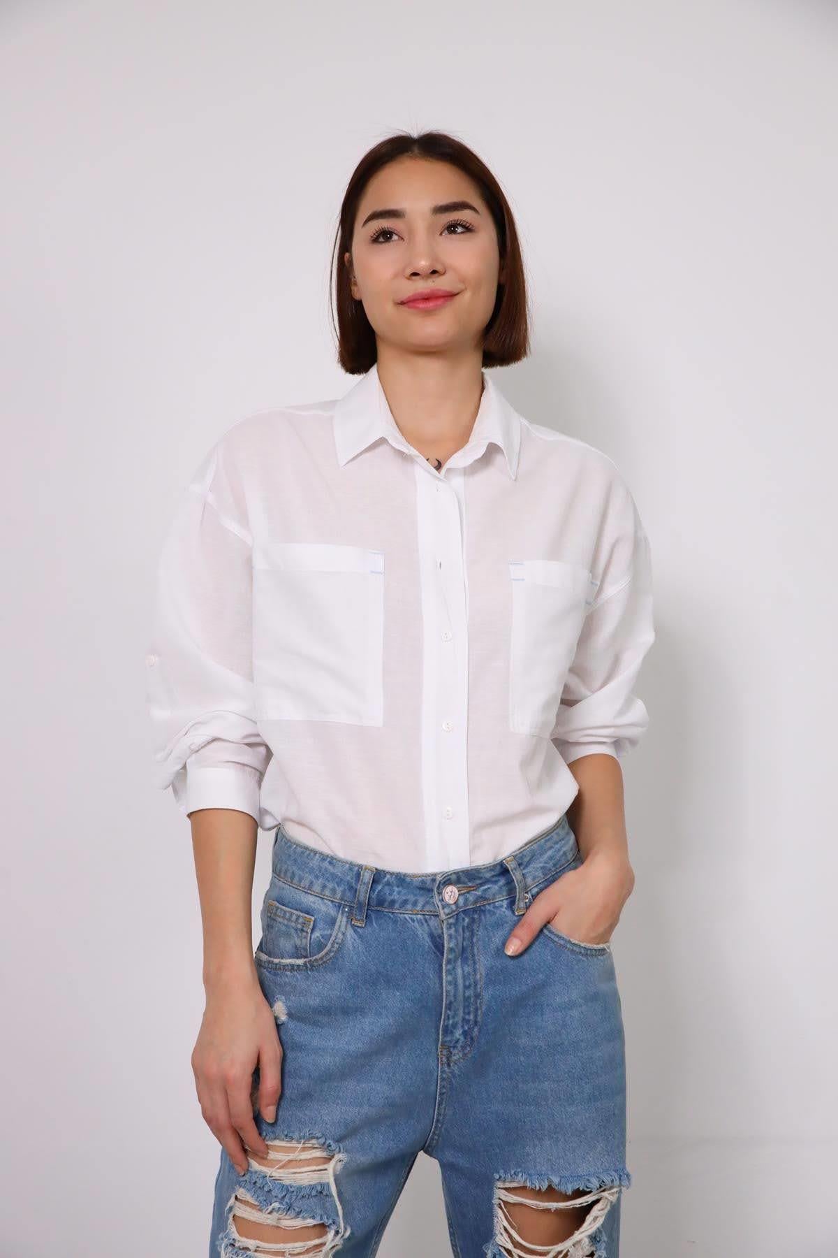 White Big Pocket Round Cut Shirt - Saman Butik | Shop Online White Big Pocket Round Cut Shirt