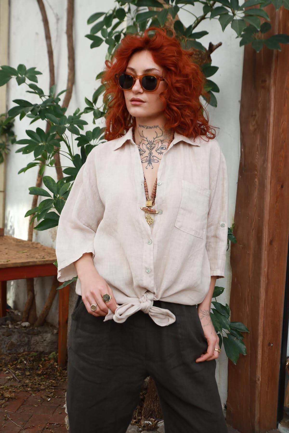 Beige Tie Front Linen Shirt