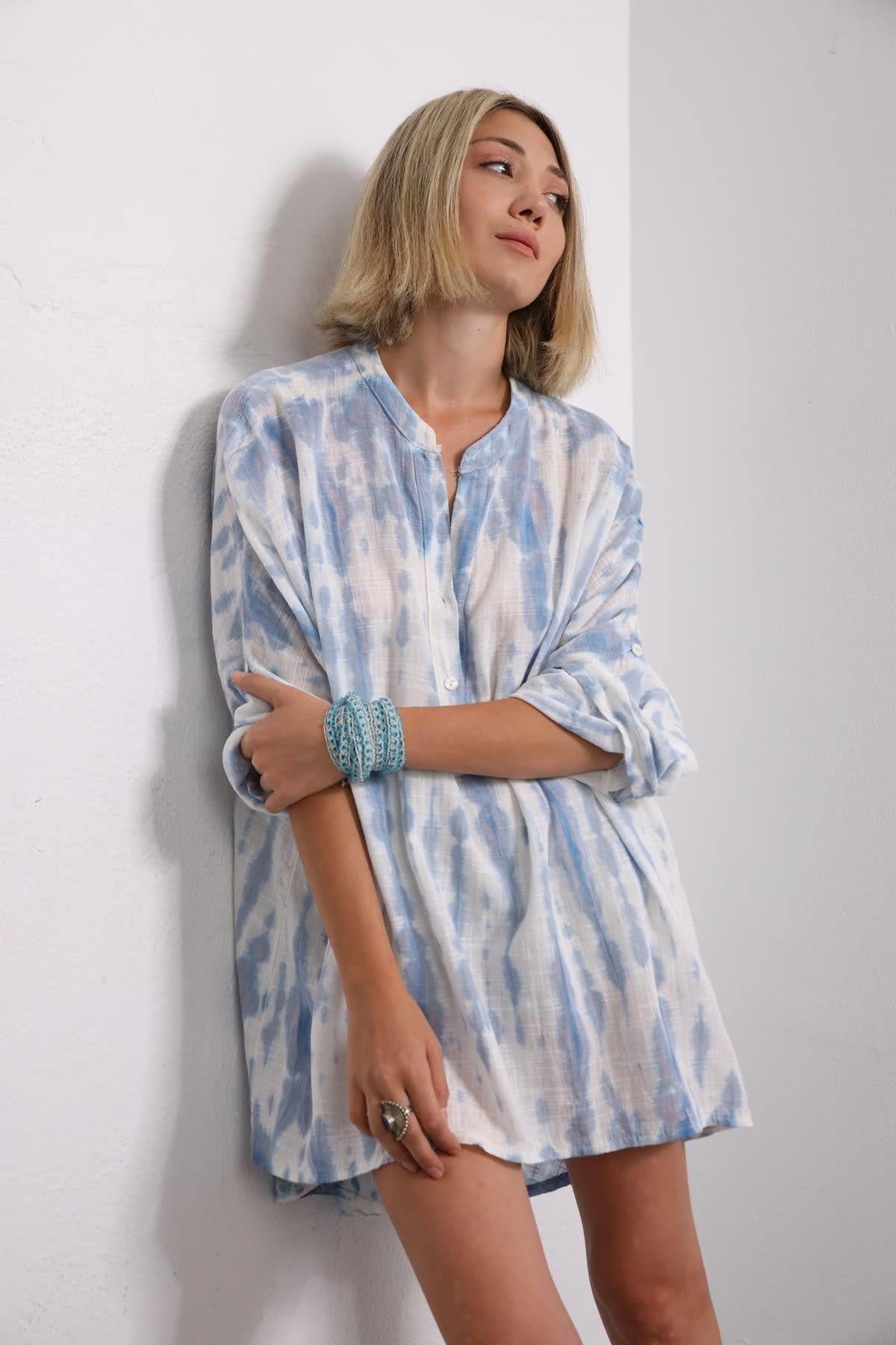 Mavi Batikli Kolu Apoletli Tunik - Şaman Butik Mavi Batikli Kolu Apoletli Tunik