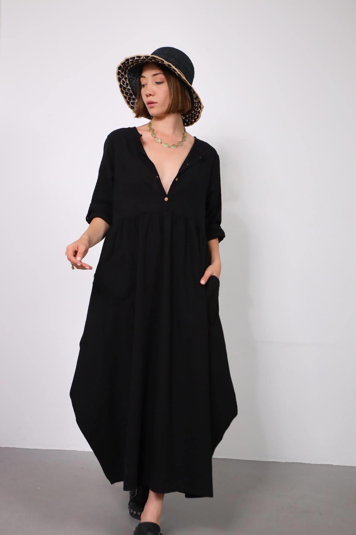 Siyah Yakası Düğmeli Çift Cepli Keten Balon Elbise - Şaman Butik Siyah Yakası Düğmeli Çift Cepli Keten Balon Elbise