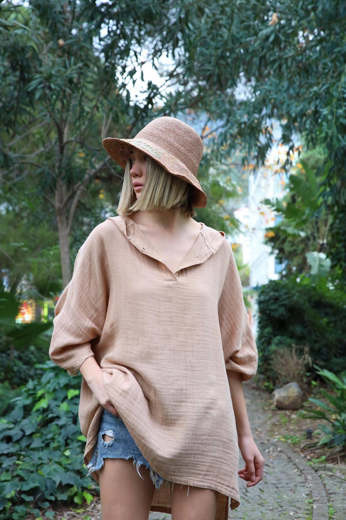  Sütlü Kahve Kapüşonlu Yarasa Kol Gömlek