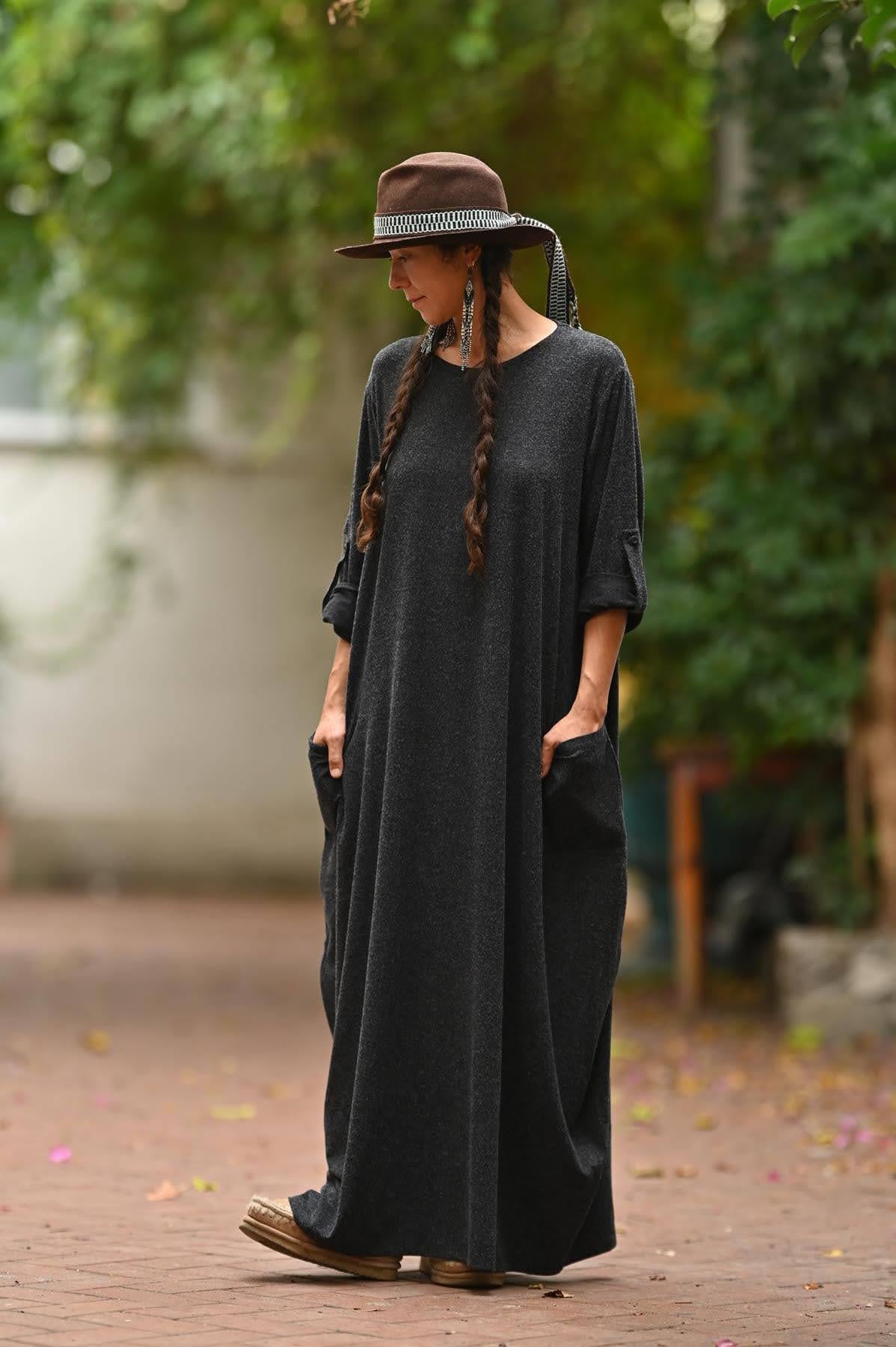 Antrasit Kırçıllı Uzun Kollu Triko Elbise