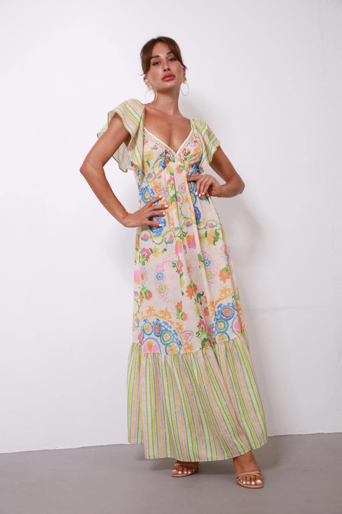 Krem Rengi Yakası Deniz Kabuklu Gipeli Volanlı Elbise - Şaman Butik Krem Rengi Yakası Deniz Kabuklu Gipeli Volanlı Elbise