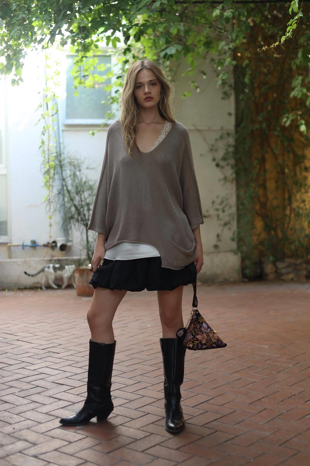 Vizon Rengi Asimetrik Kesim Cepli Triko Bluz