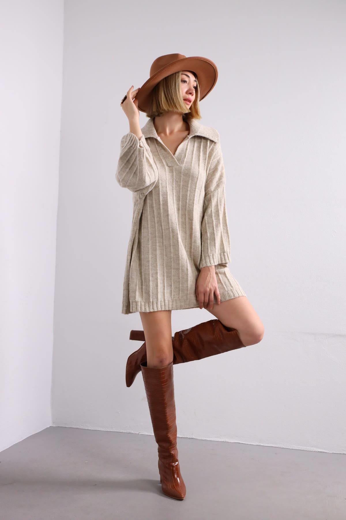 Bej Polo Yaka Kalın Fitilli Kazak - Şaman Butik Bej Polo Yaka Kalın Fitilli Kazak