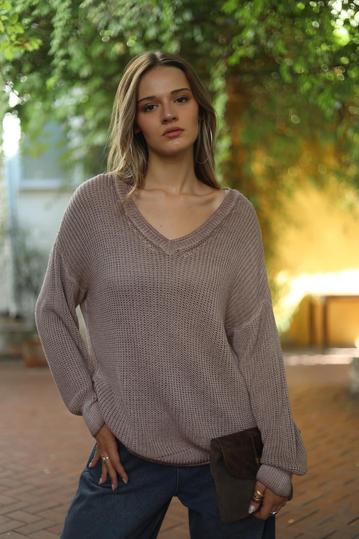 Pudra Rengi Yağ Yıkama Triko Bluz