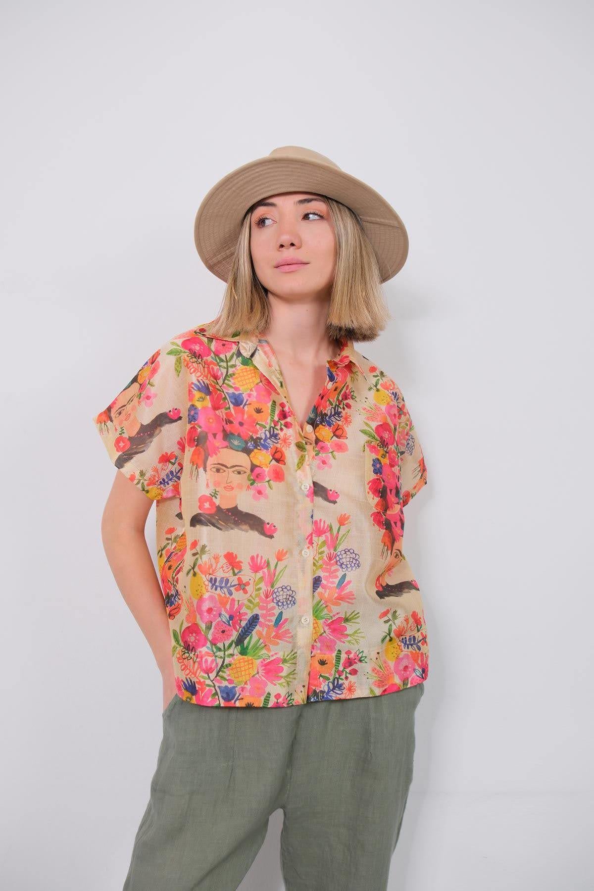 Krem Rengi Frida Desenli İpek Gömlek - Şaman Butik Krem Rengi Frida Desenli İpek Gömlek