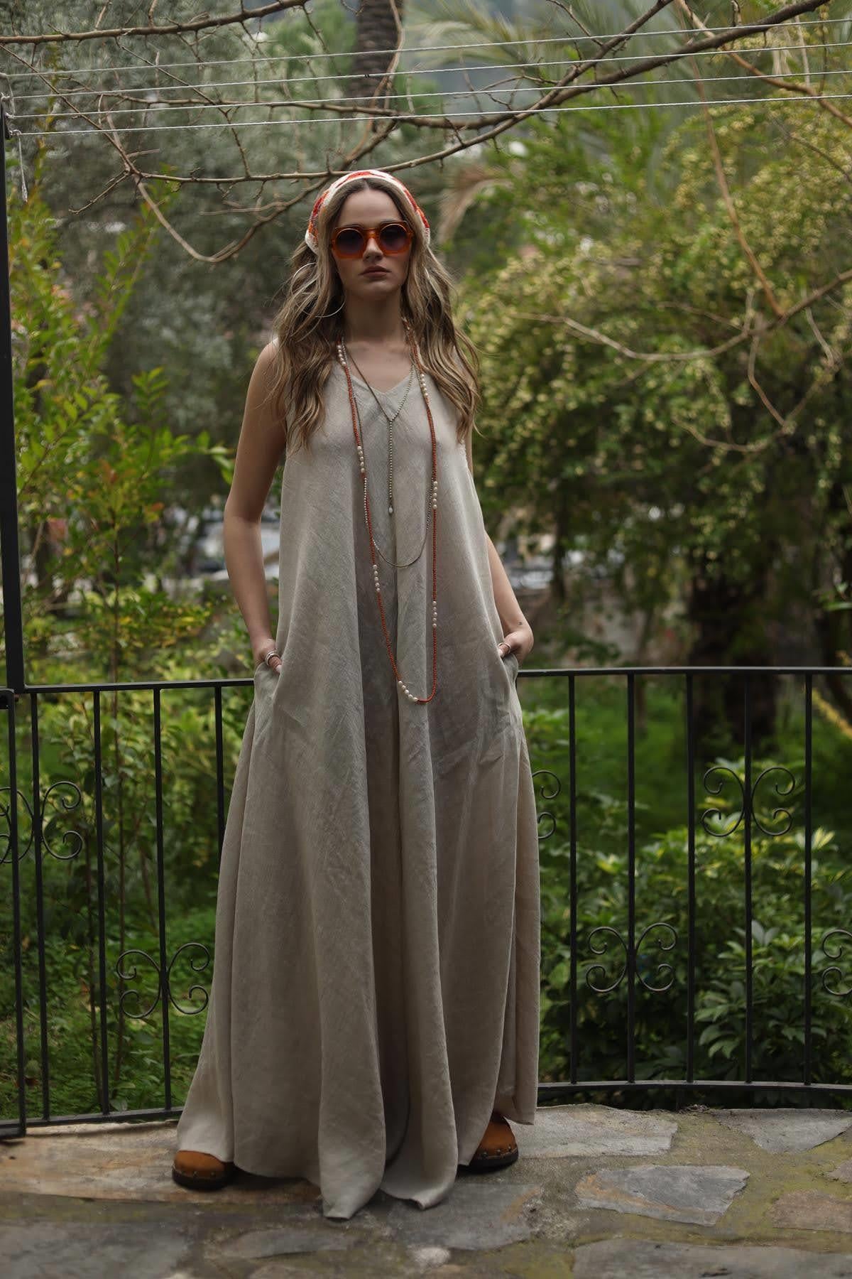 Krem Rengi V Yaka Cepli Kolsuz Keten Elbise