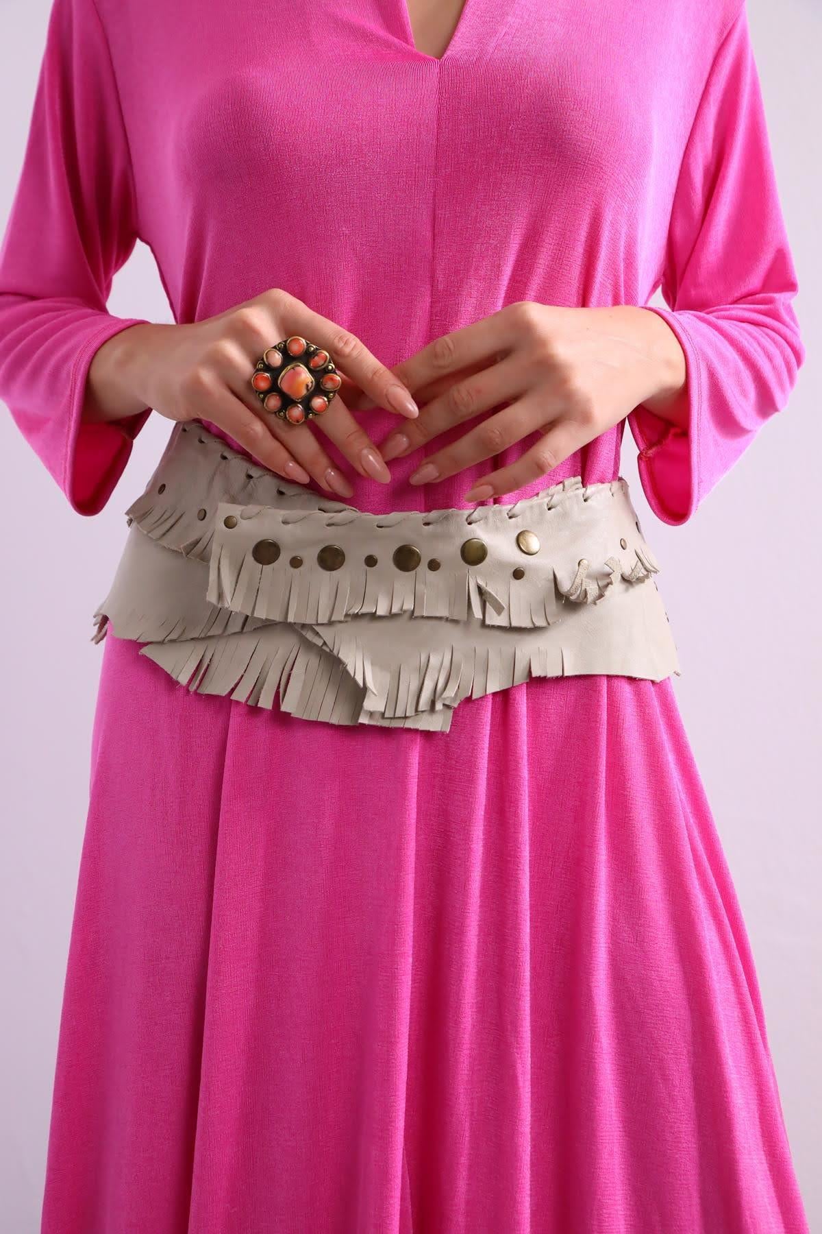 Bej Zımbalı Parçalı Deri Kemer - Şaman Butik Bej Zımbalı Parçalı Deri Kemer