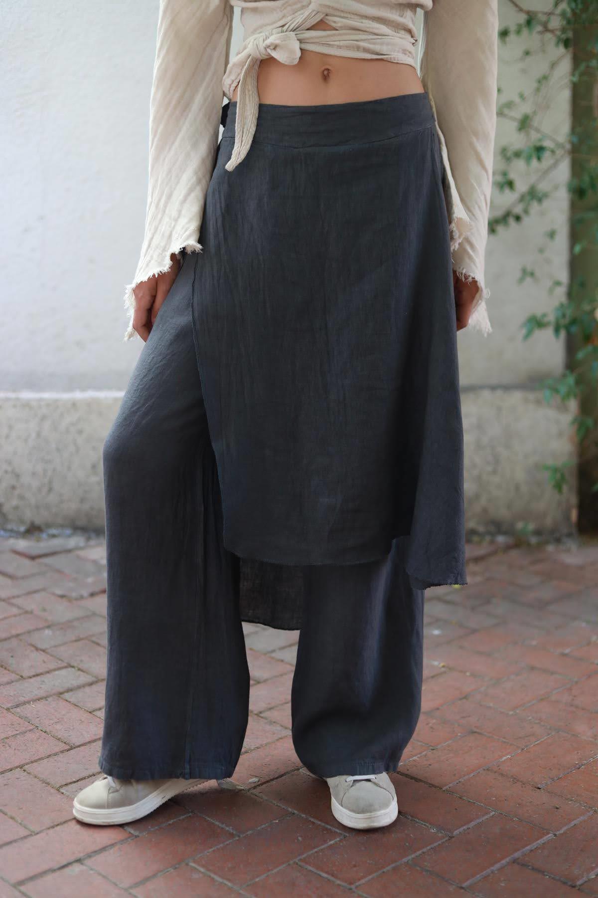 Antrasit Parça Detaylı Keten Pantolon