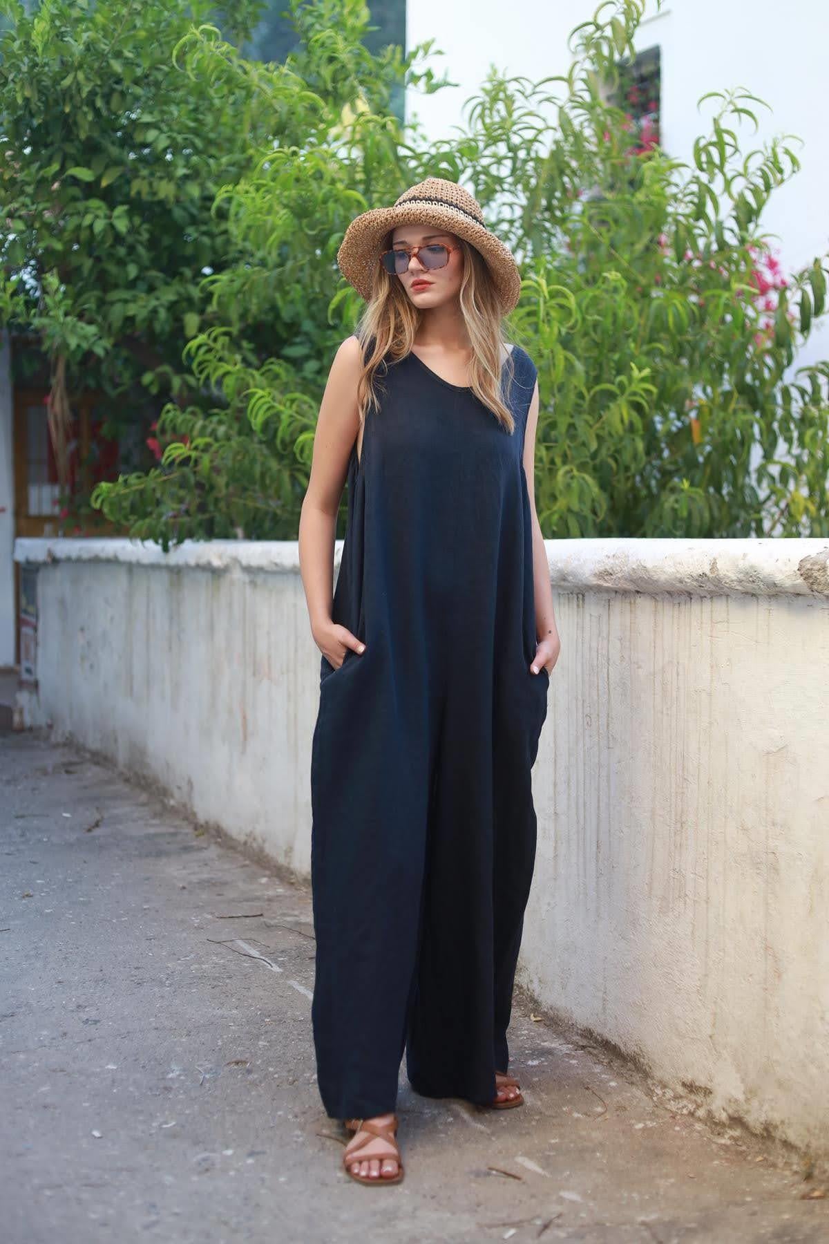 Navy Blue Zipper Linen Jumpsuit