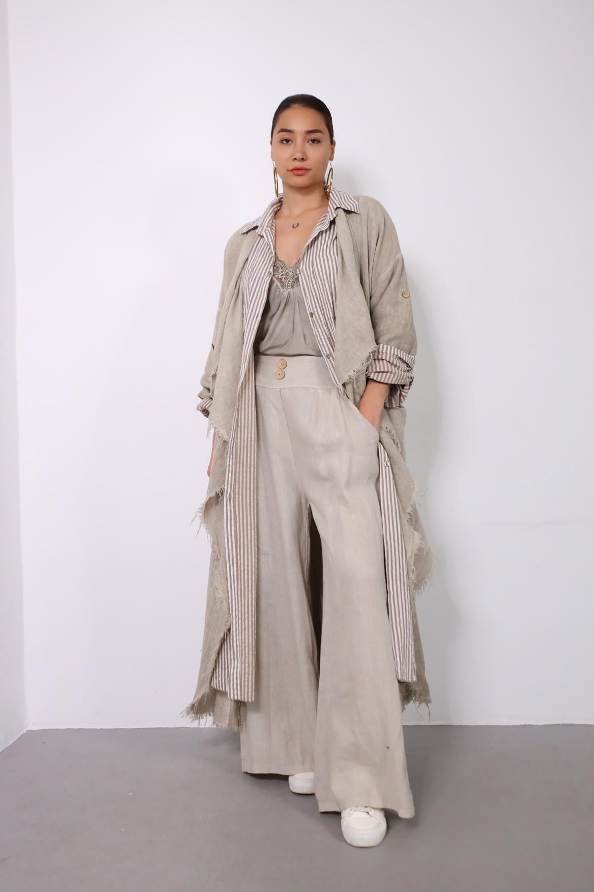 Stone Color Double Buttoned Wide Leg Linen Trousers - Saman Butik | Shop Online Stone Color Double Buttoned Wide Leg Linen Trousers